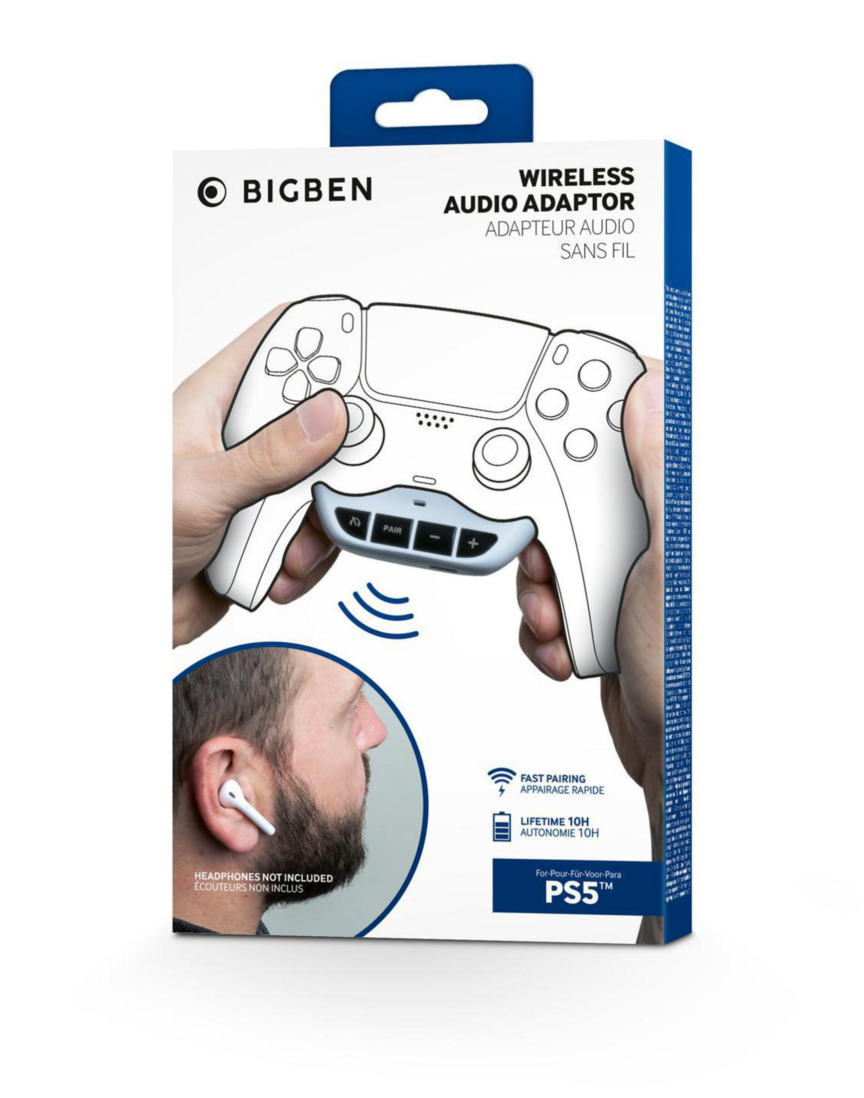 Box mit kabellosem Audioadapter, zeigt eine Person, die einen Controller hält, und einen Mann mit Ohrhörern.