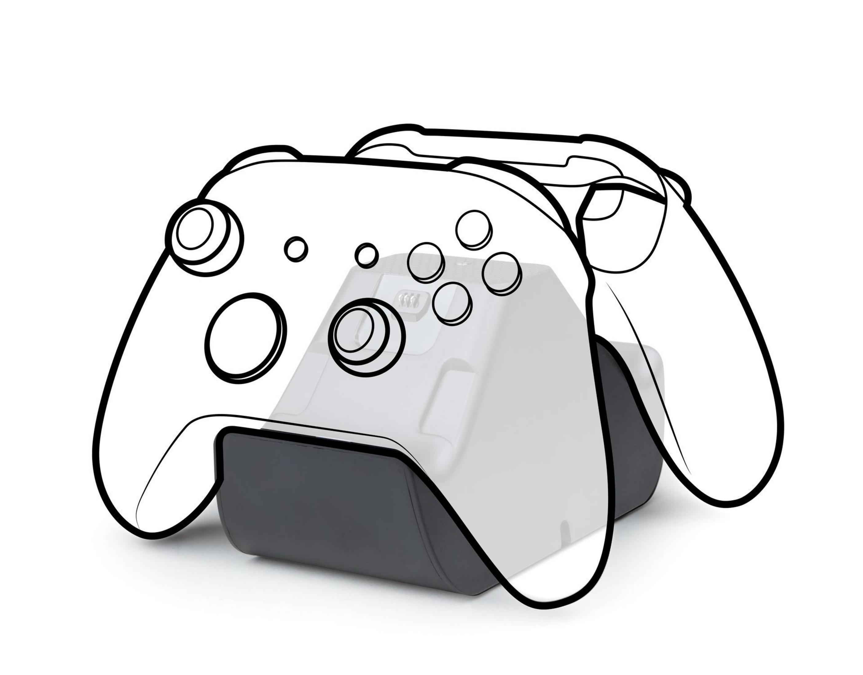 Contorno di un controller Xbox e una stazione di ricarica. Sfondo bianco. Design minimalista.