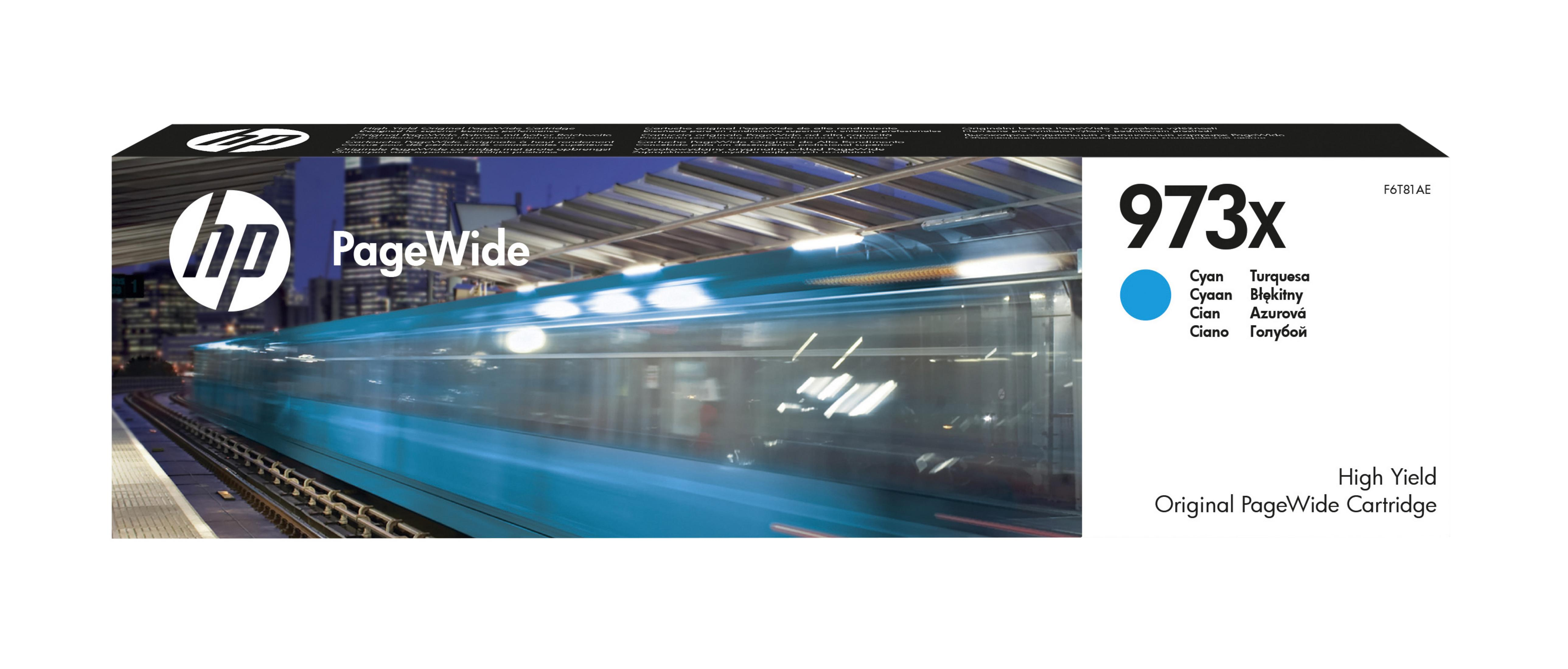 HP Pagewide inktcartridge doos, met een trein op de achtergrond.