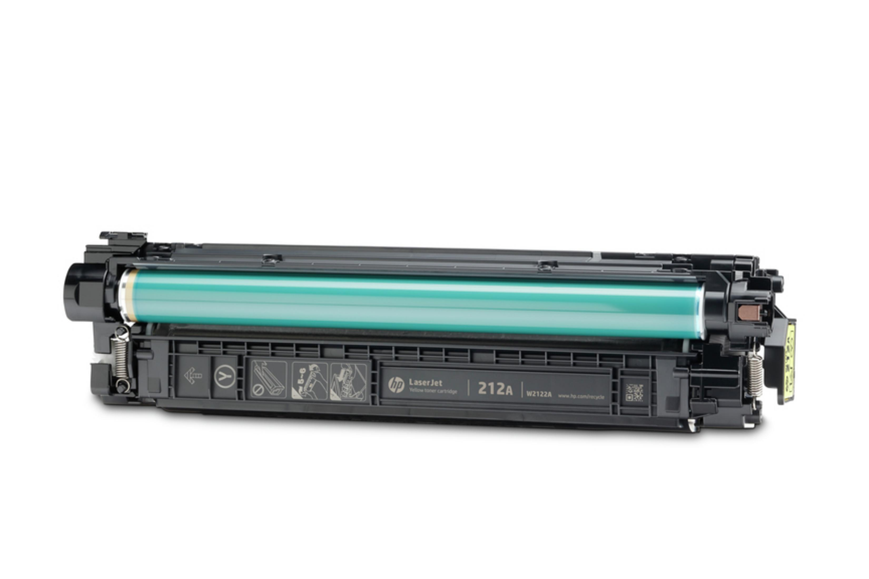 Eine schwarze und gelbe HP LaserJet 212A Tonerkartusche auf weißem Hintergrund.