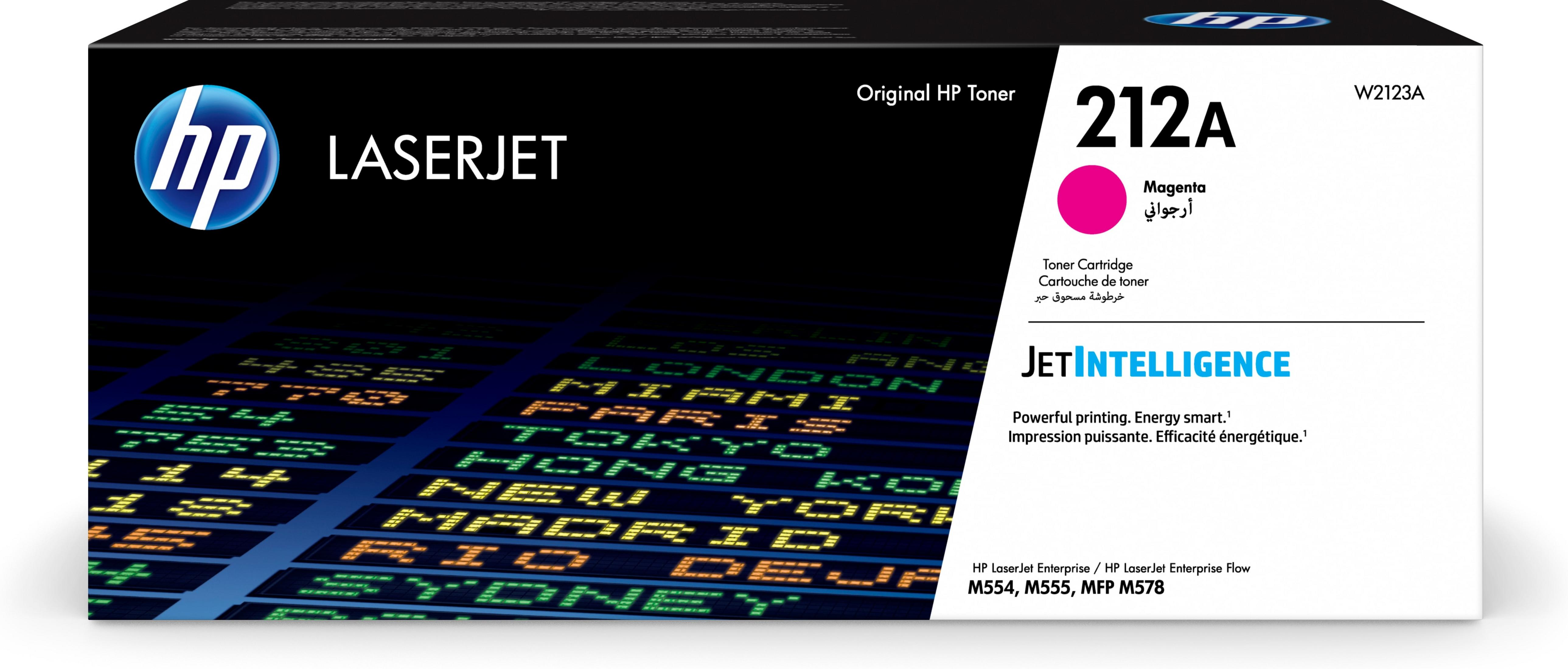 HP LaserJet Druckerbox, magenta Farbe. Die Box zeigt eine Weltkarte mit Städtenamen.