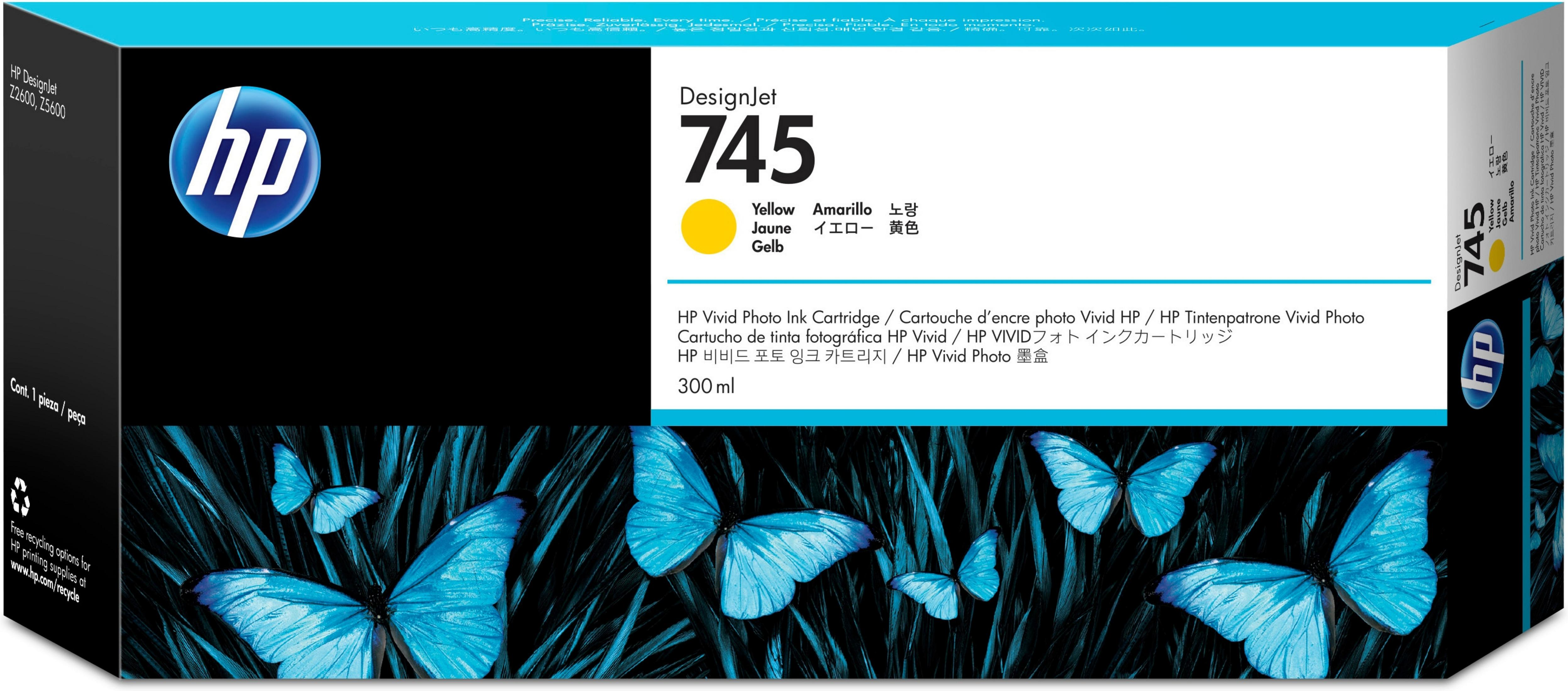 HP Designjet 745 ink cartridge box. Yellow, black, and blue. Butterflies and text are on the front.