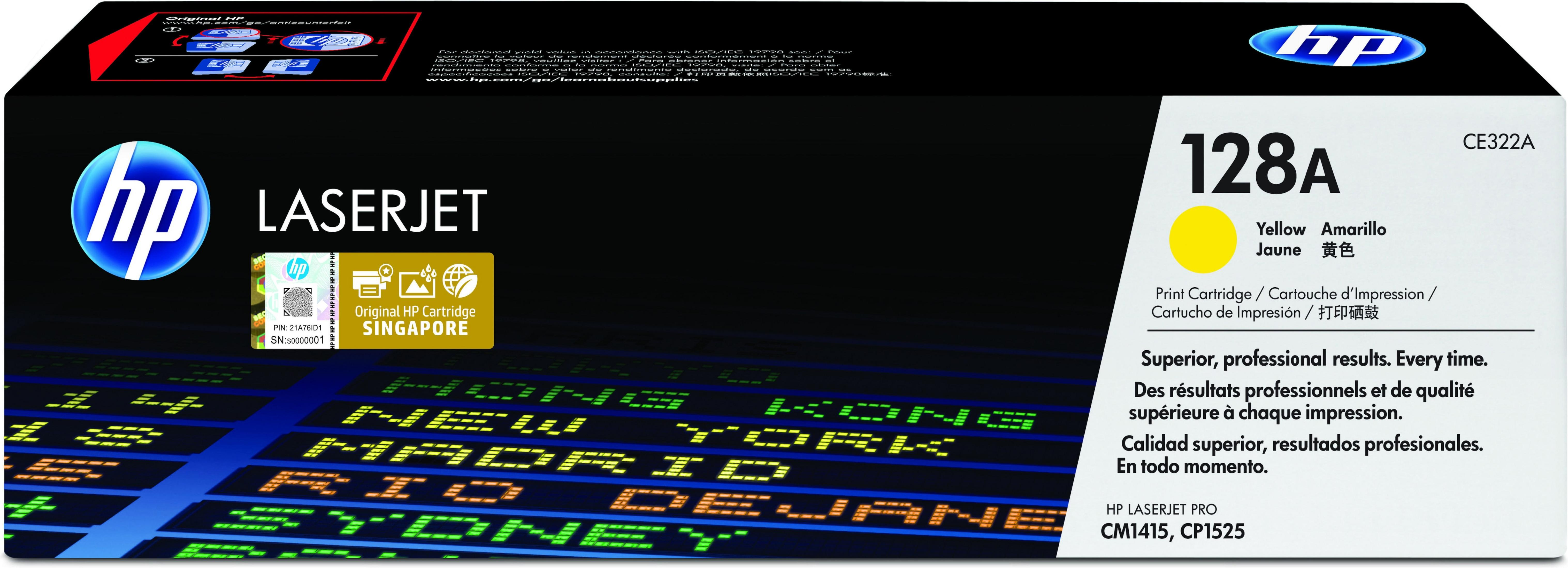 Pudełko z żółtym tonerem HP 128A do drukarek laserowych. Na pudełku logo HP i informacje o produkcie.