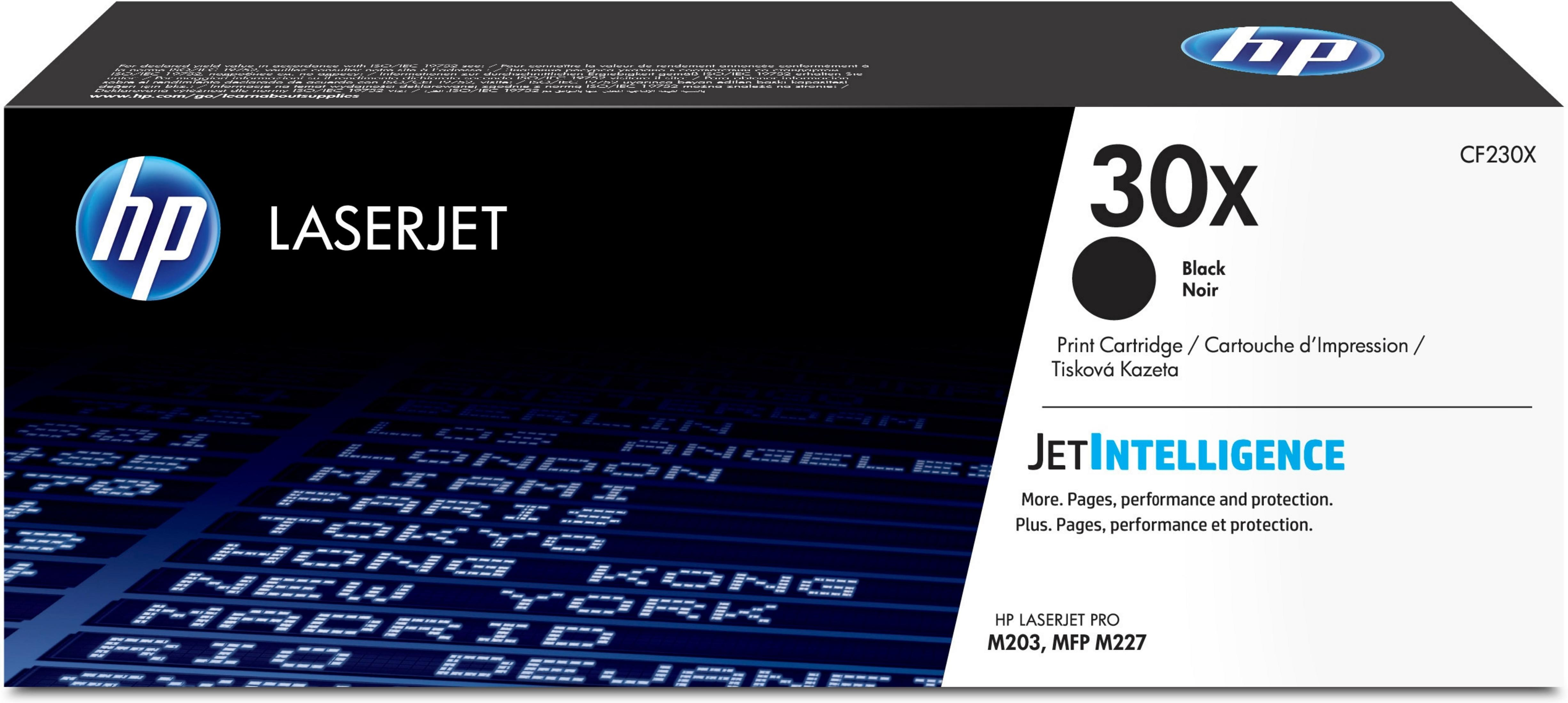 Czarne pudełko HP LaserJet z informacjami o wkładzie drukującym i tłem z mapą świata.