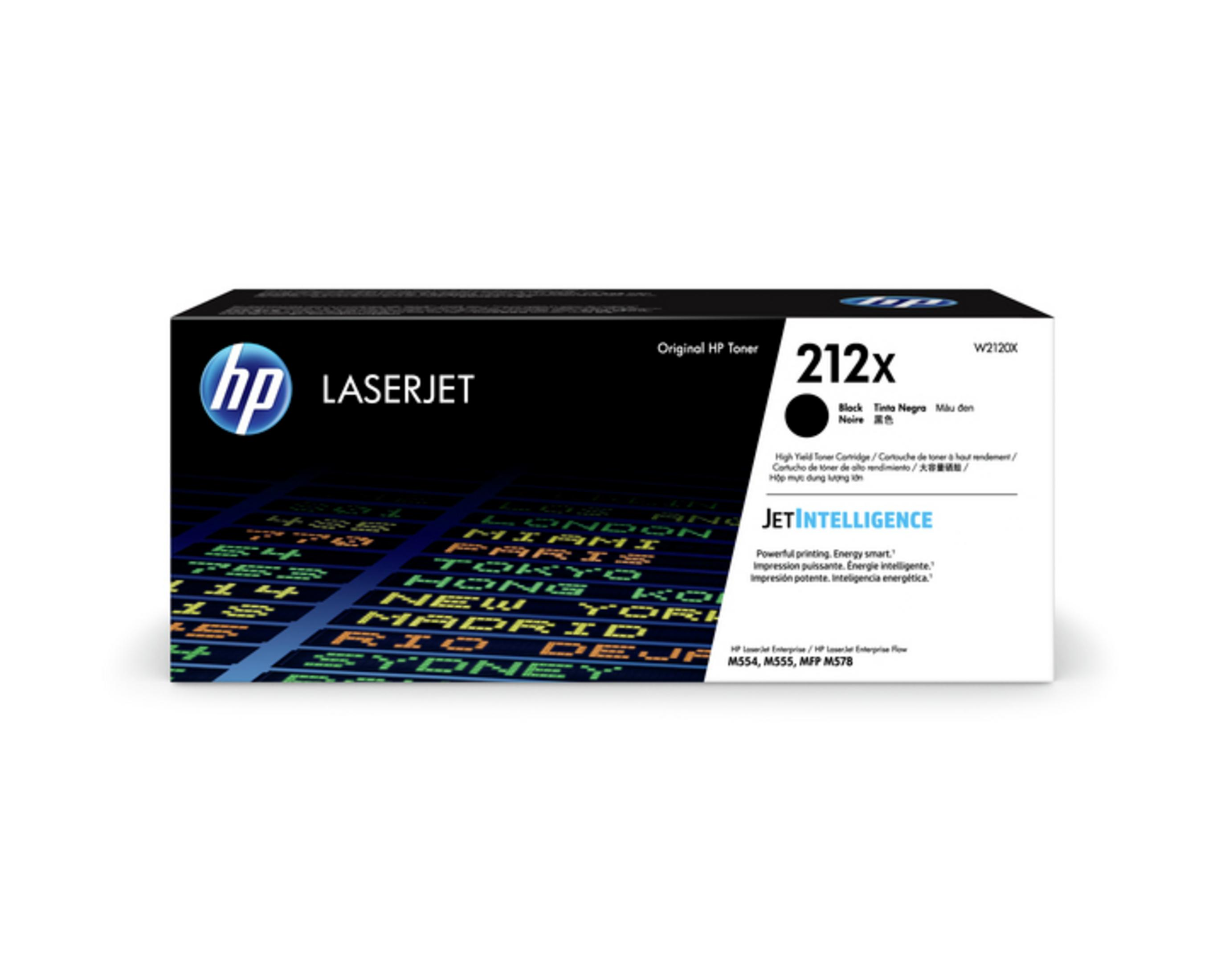 Una caja blanca y negra de tóner HP LaserJet sobre un fondo blanco.