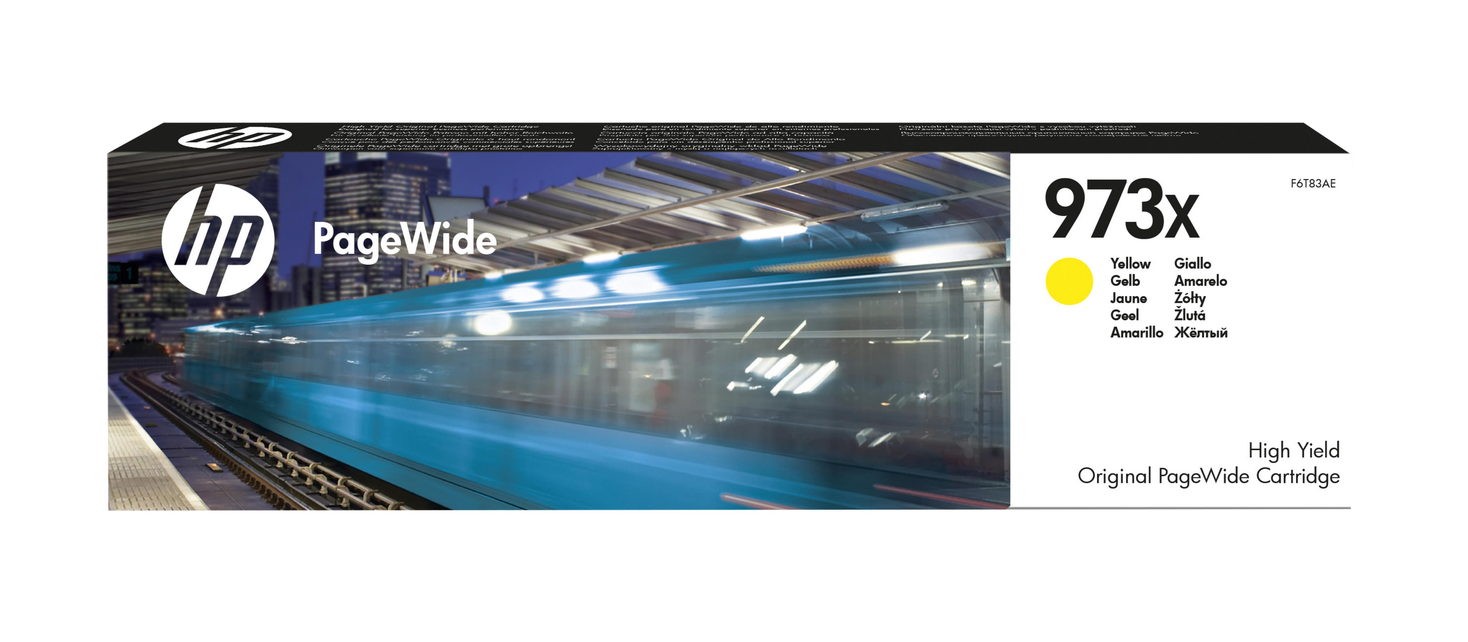 HP PageWide inktcartridge doos met een wazige afbeelding van een trein. Gele inkt is gemarkeerd.