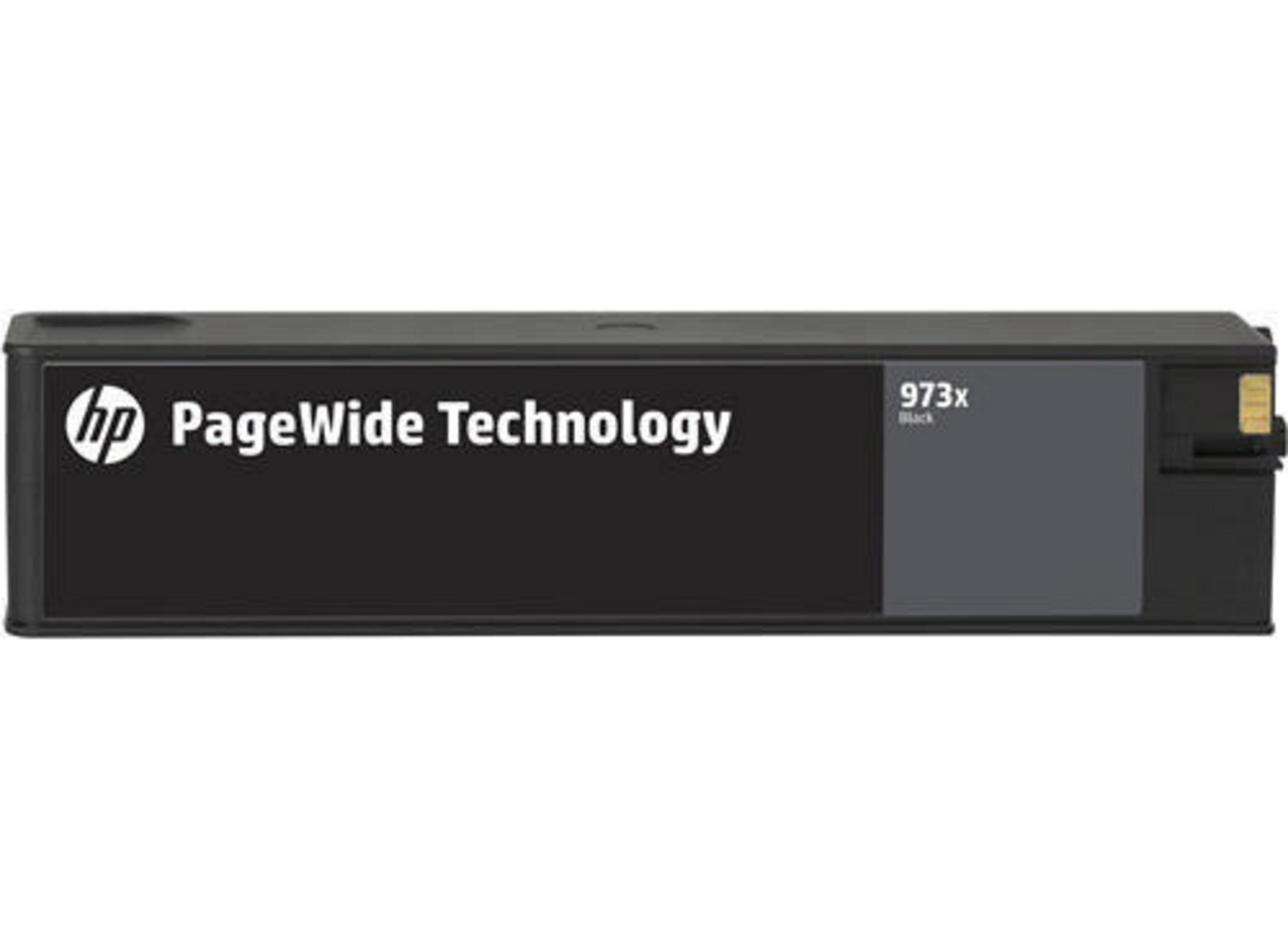 Czarny wkład atramentowy HP PageWide Technology, prostokątny kształt, z tekstem i logo, czarno-szary.