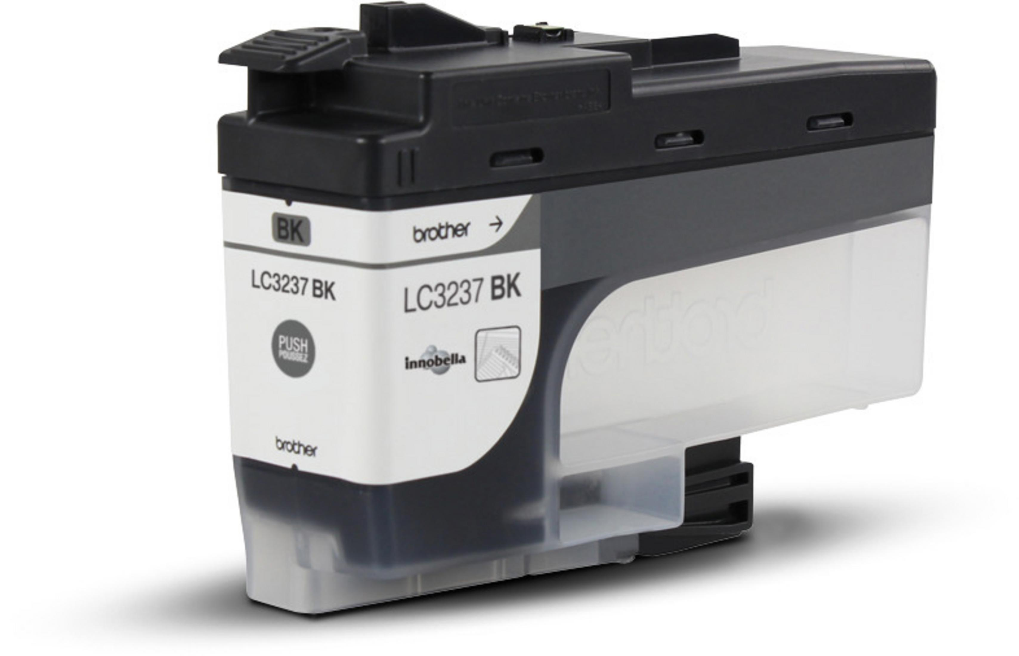 A black and clear Brother LC3237 BK ink cartridge with white and black labels.