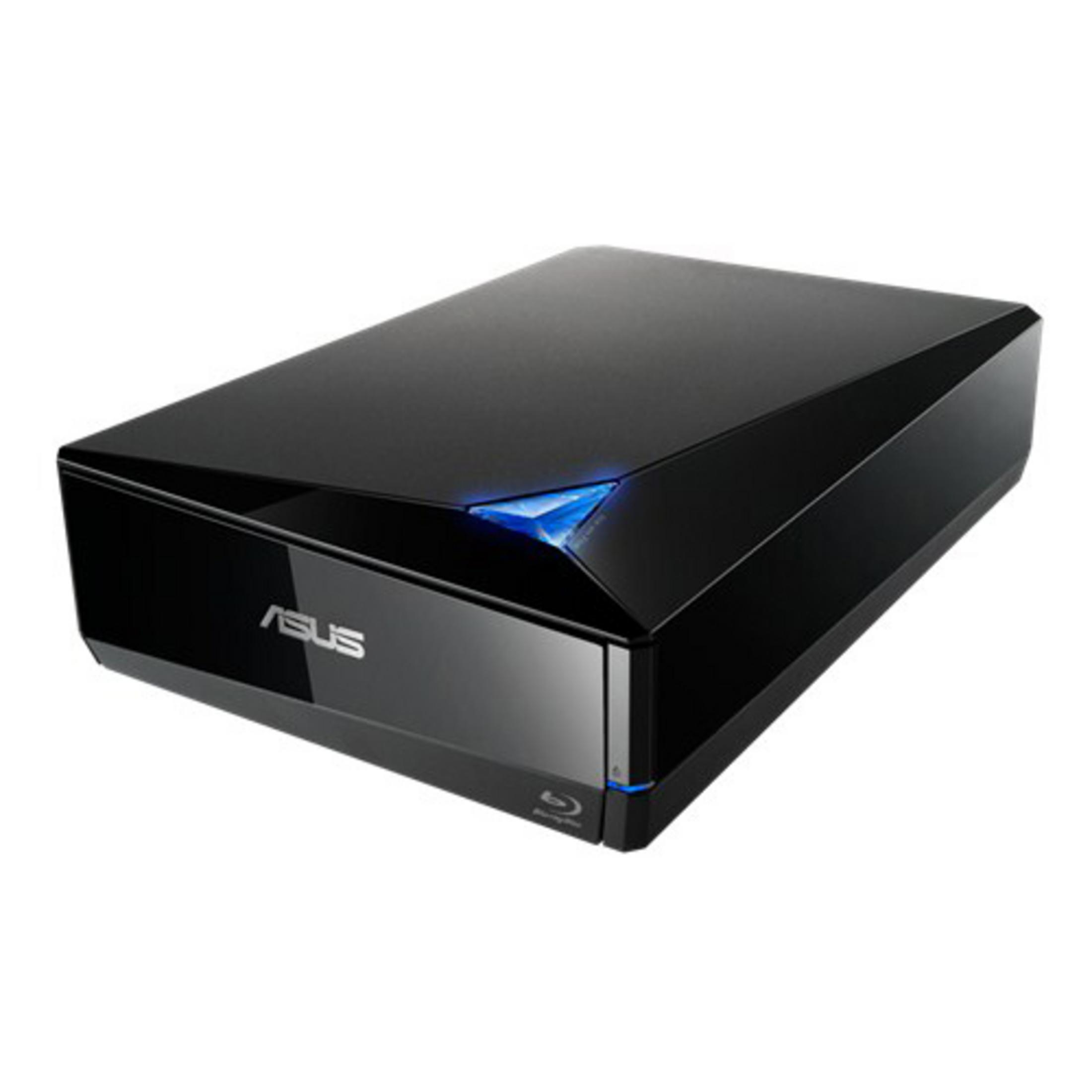 Czarny odtwarzacz Blu-ray ASUS. Niebieskie światło na górze, błyszcząca powierzchnia.