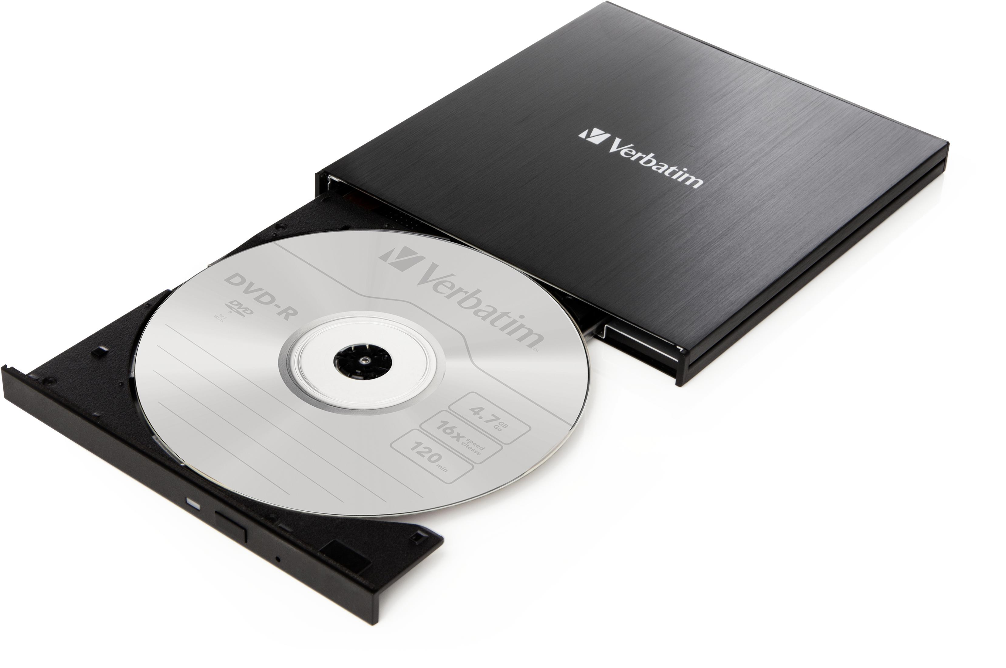 Czarny napęd DVD-R Verbatim, z częściowo wysuniętą płytą DVD. Białe tło.