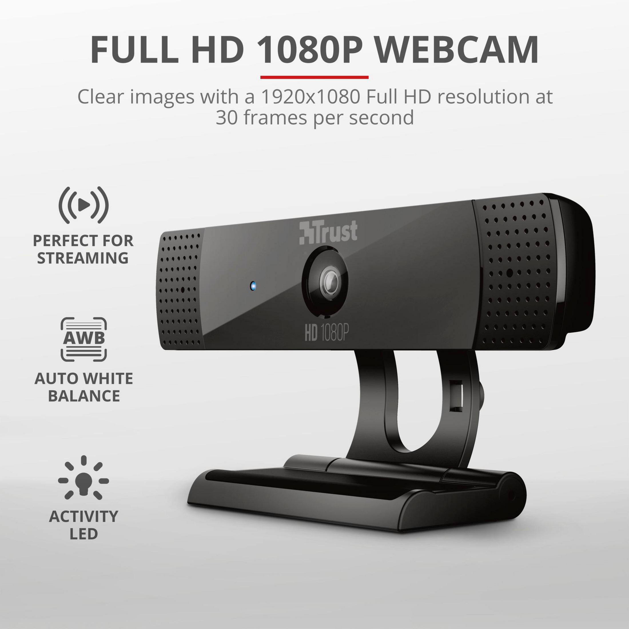 Czarna kamera internetowa Trust ze stojakiem, z napisem FULL HD 1080P WEBCAM na górze.