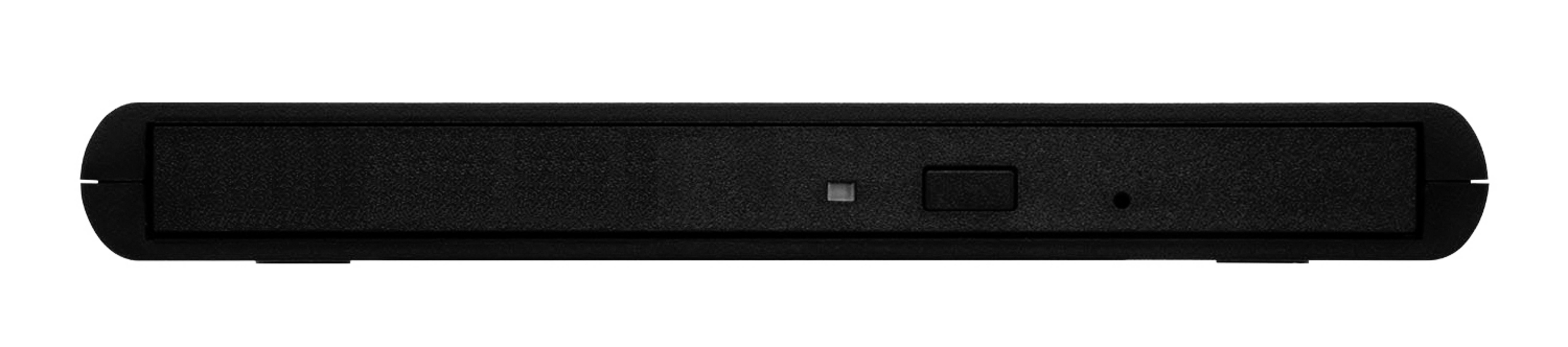 Czarny, zewnętrzny napęd DVD. Z przodu przycisk i port.