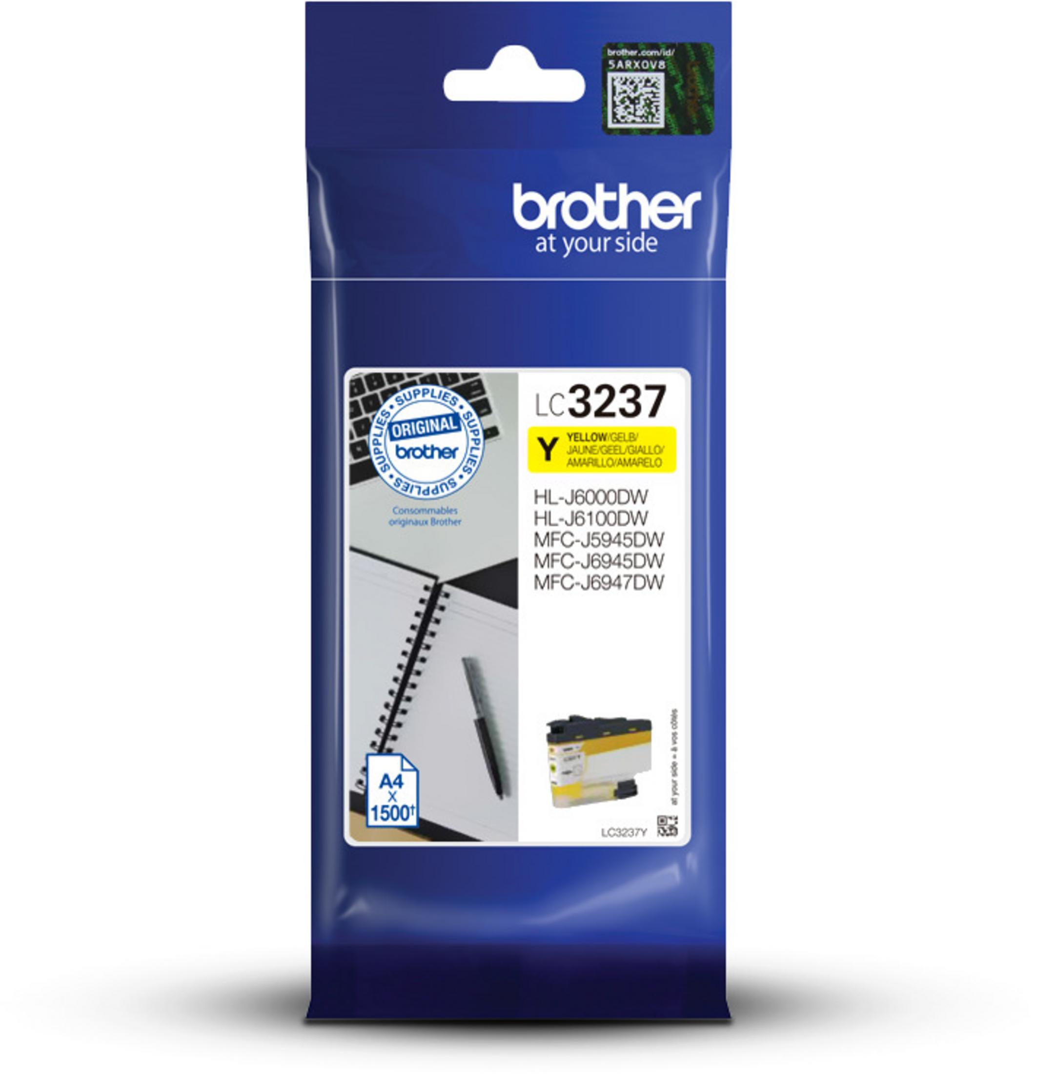 Brother LC3237 yellow ink cartridge package, white background, product shot.