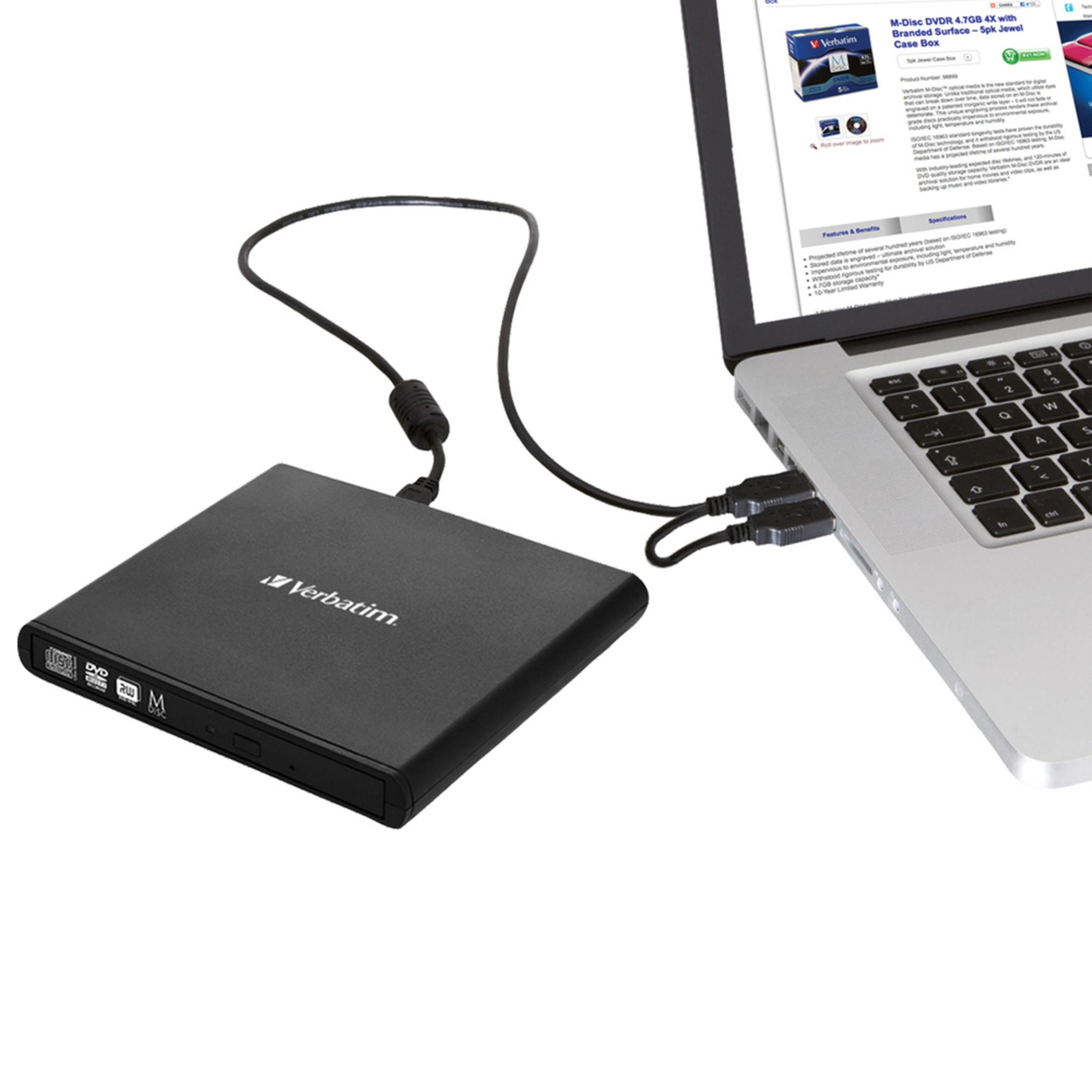 Black Verbatim external DVD writer connected to a laptop. Showing a webpage.