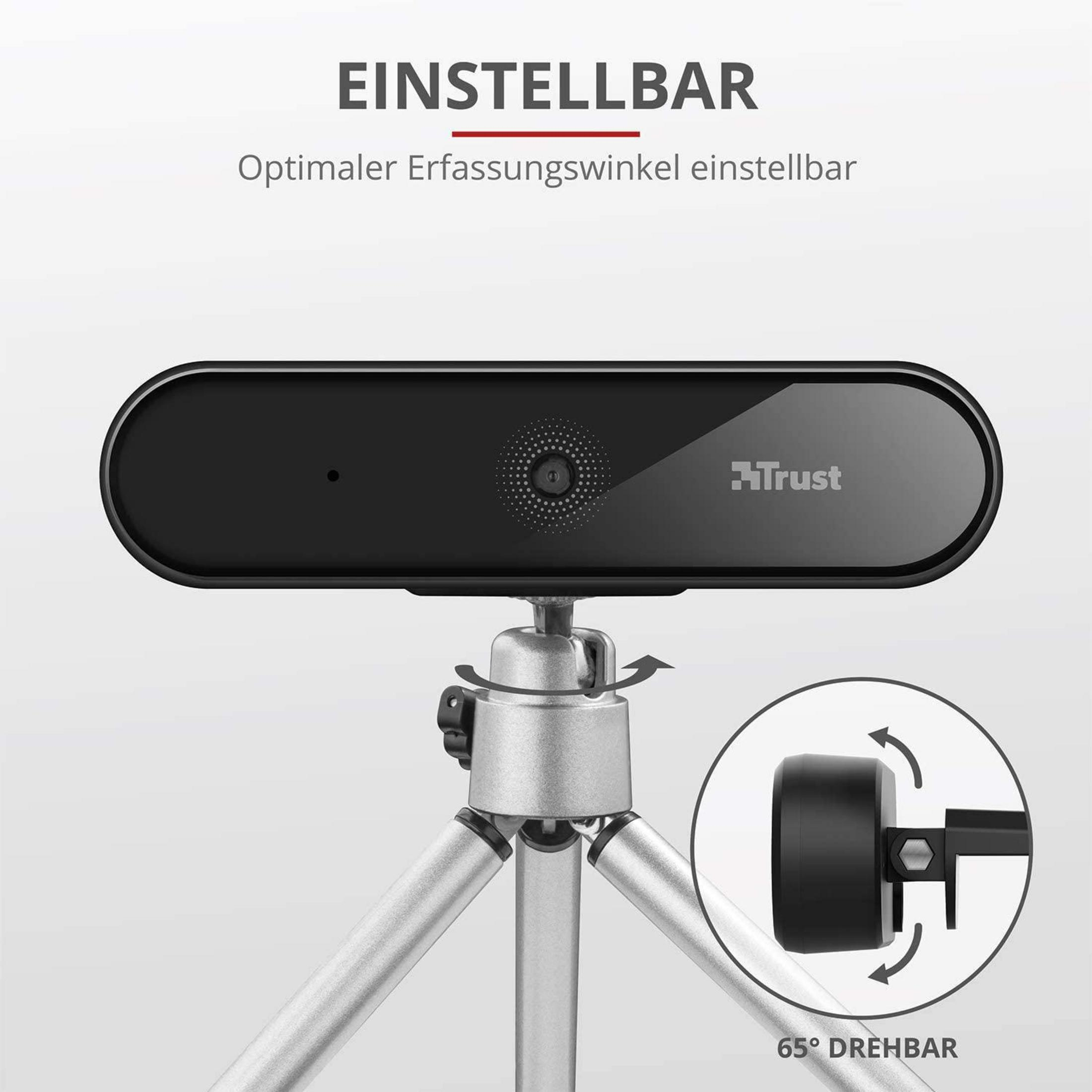Webcam Trust negra con trípode, un gráfico circular muestra el ángulo ajustable.