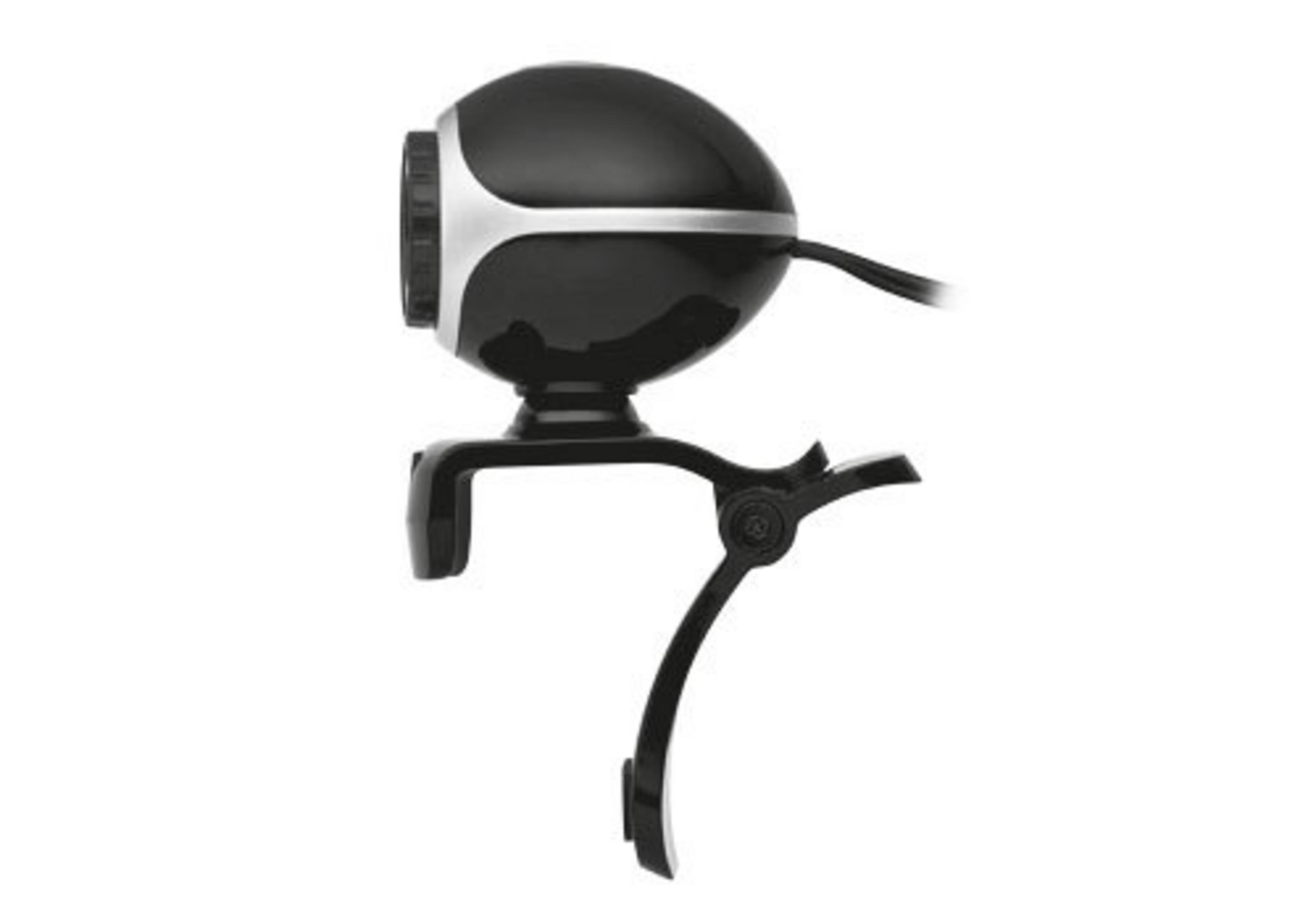 Czarna kamera internetowa na białym tle. Jest przymocowana do statywu.