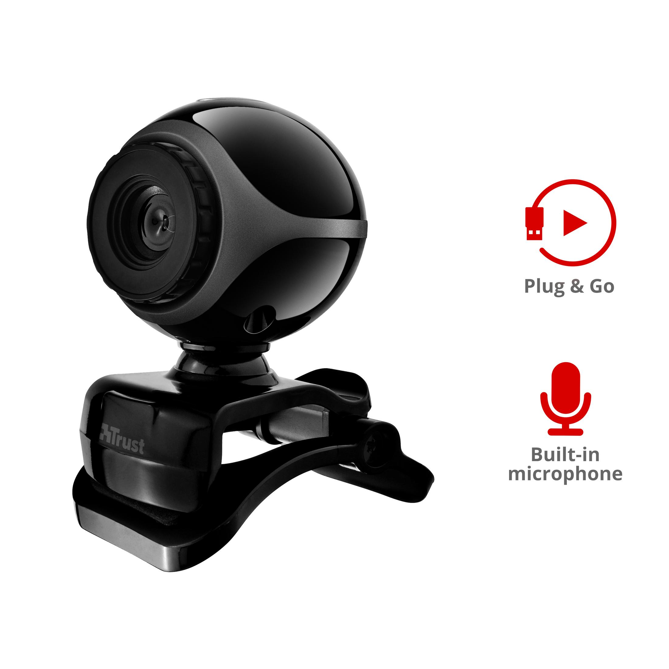 Czarna kamera internetowa z okrągłym obiektywem. Ikony Plug & Go i wbudowanego mikrofonu.
