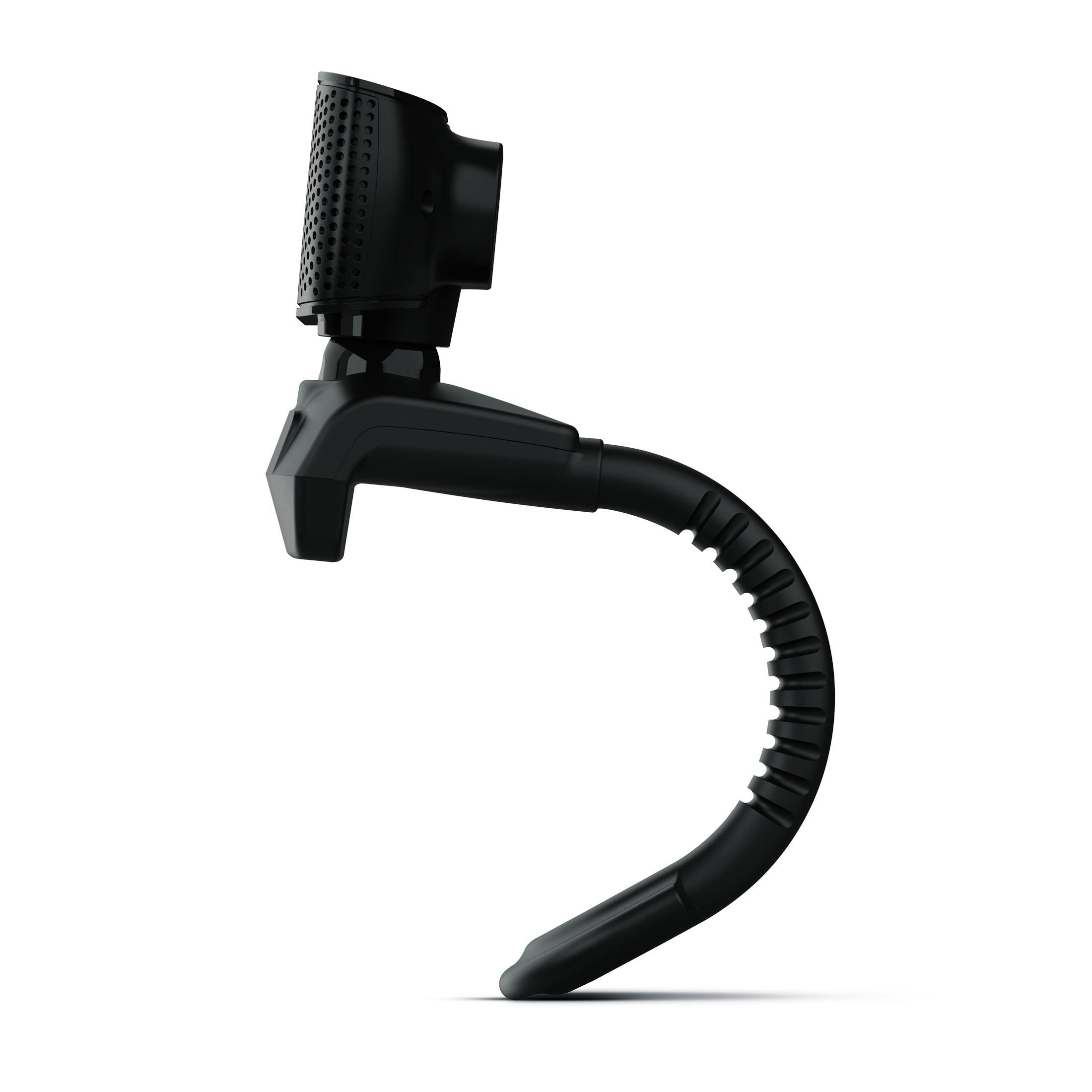 Eine schwarze Webcam auf weißem Hintergrund. Die Webcam hat einen flexiblen Arm. Das Design ist modern.