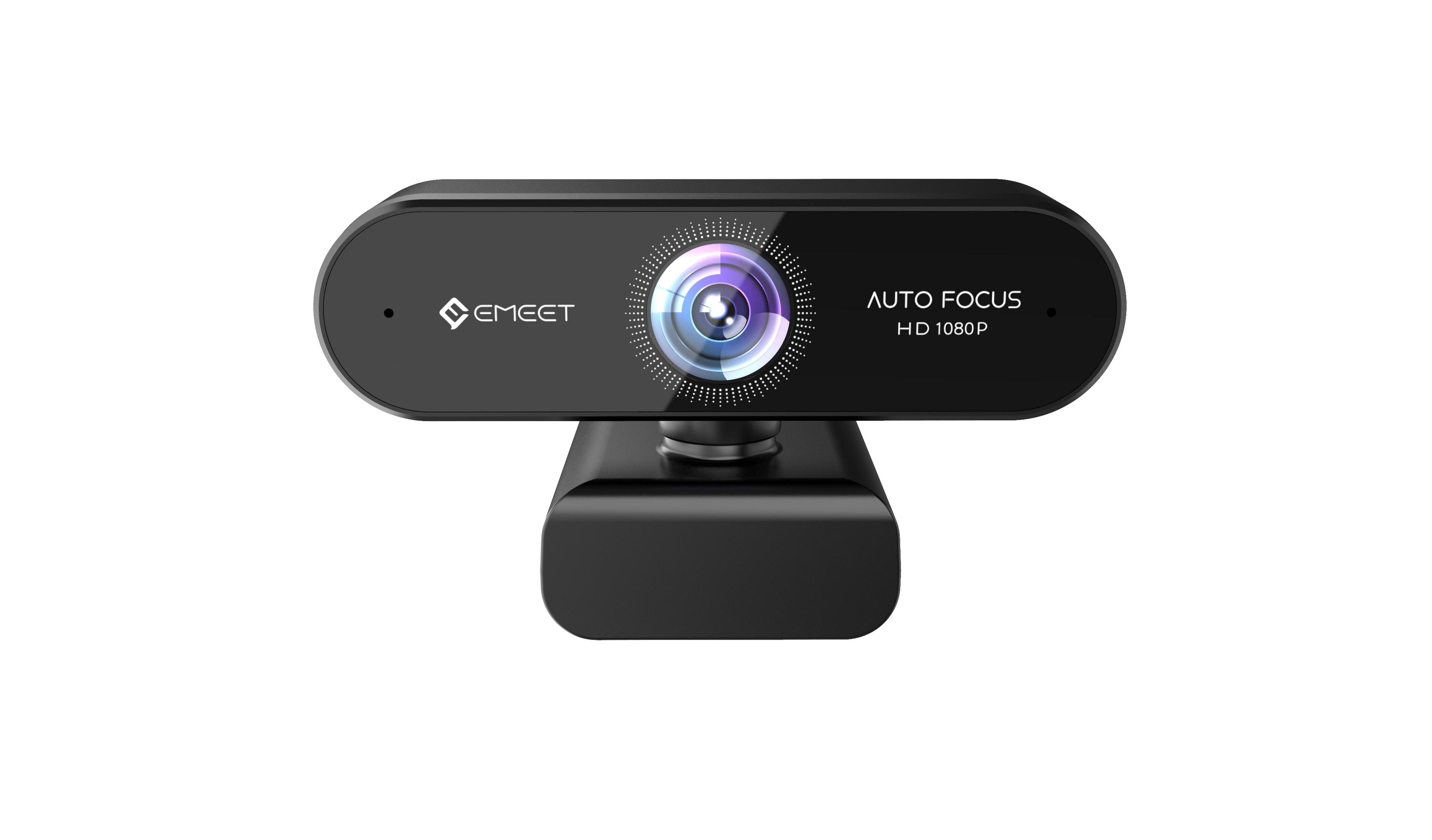 Schwarze EMEET Webcam auf einem Ständer. Hat ein Objektiv und die Worte AUTO FOCUS HD 1080P.