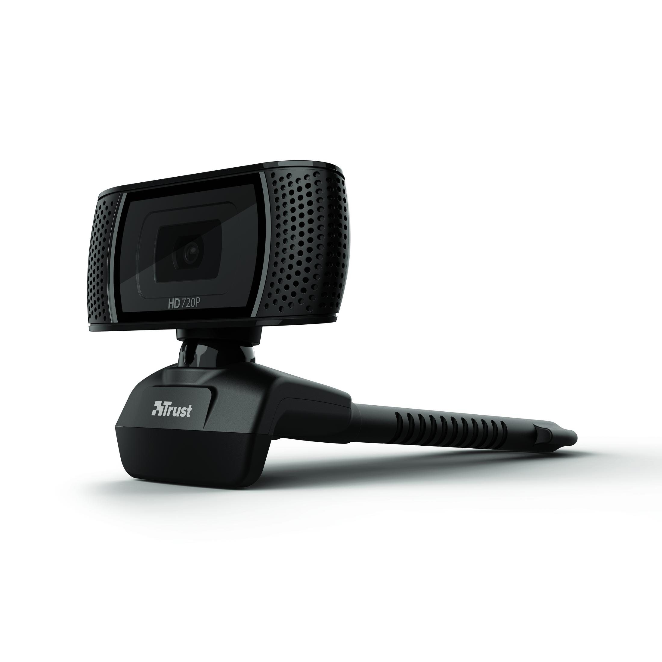 Schwarze Webcam mit langem Ständer. Die Kamera ist schwarz und rechteckig.