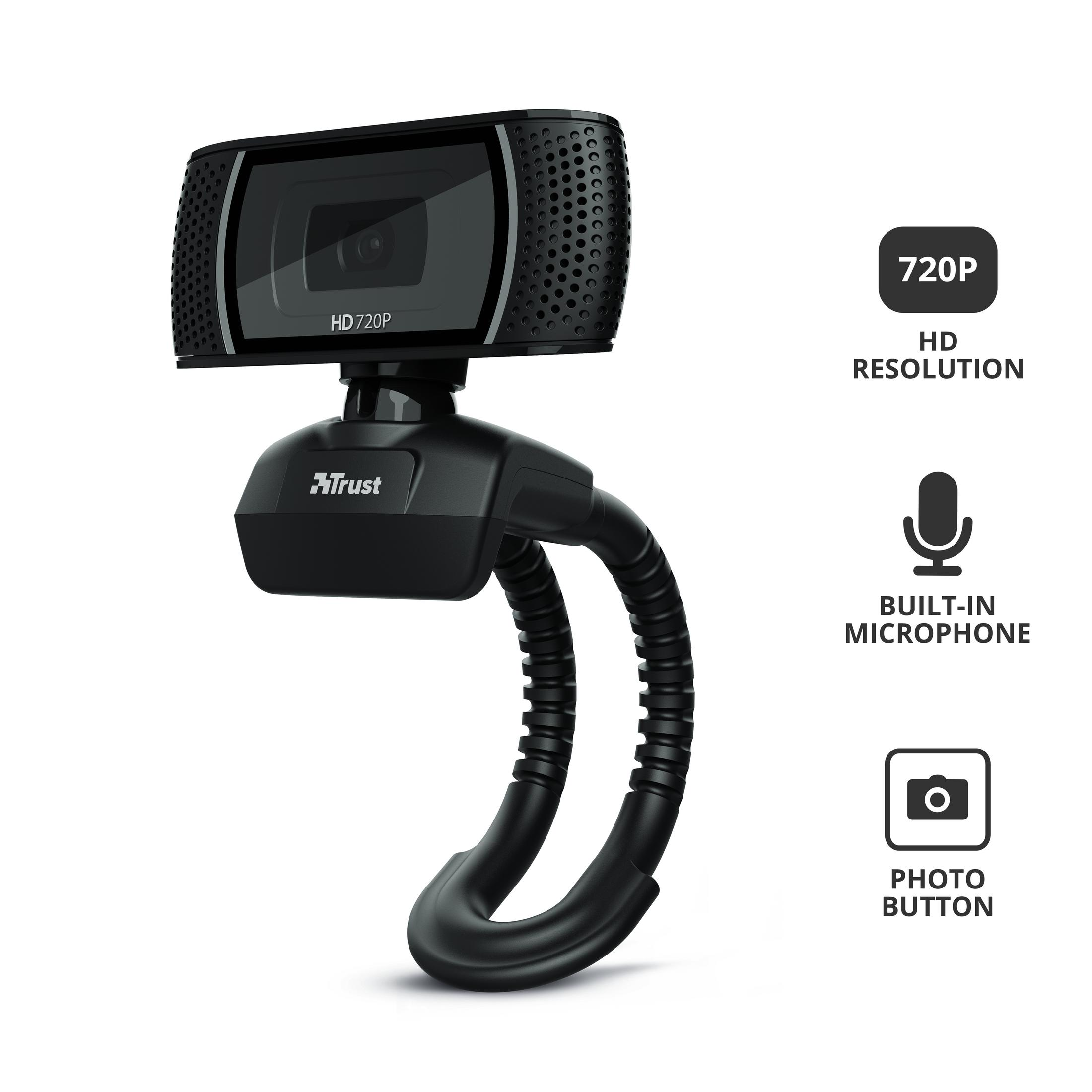 Schwarze Webcam mit eingebautem Mikrofon, HD-Auflösung und Fototaste.