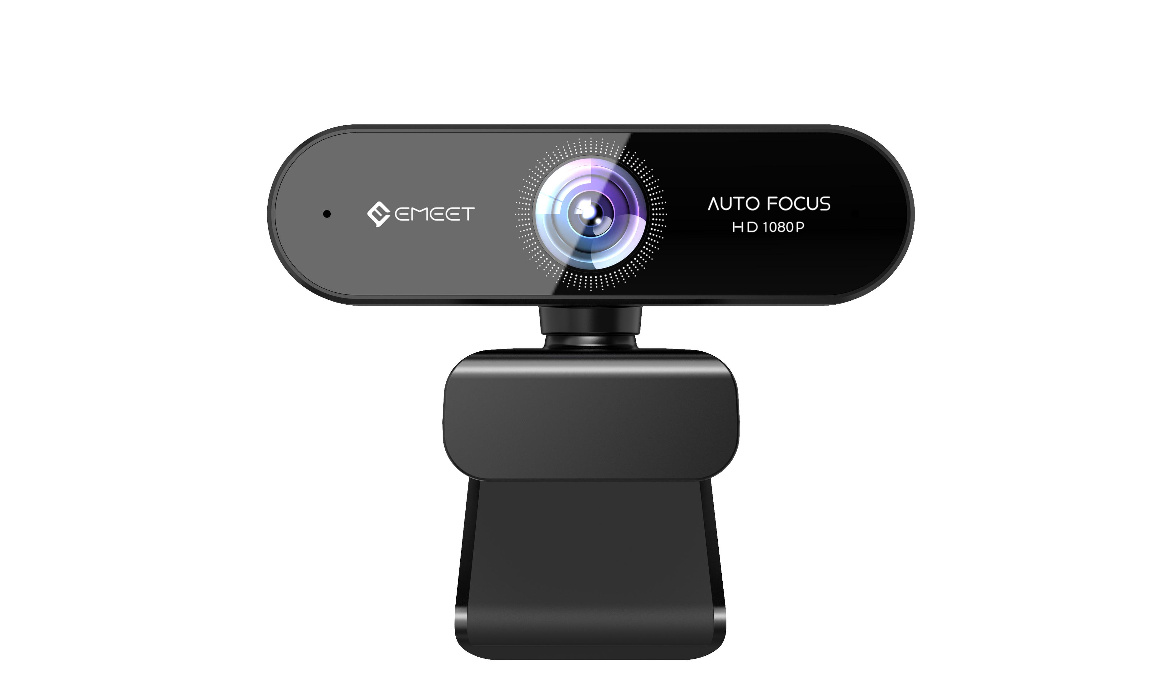 Eine schwarze Webcam mit Objektiv und den Worten 'Auto Focus HD 1080P'.
