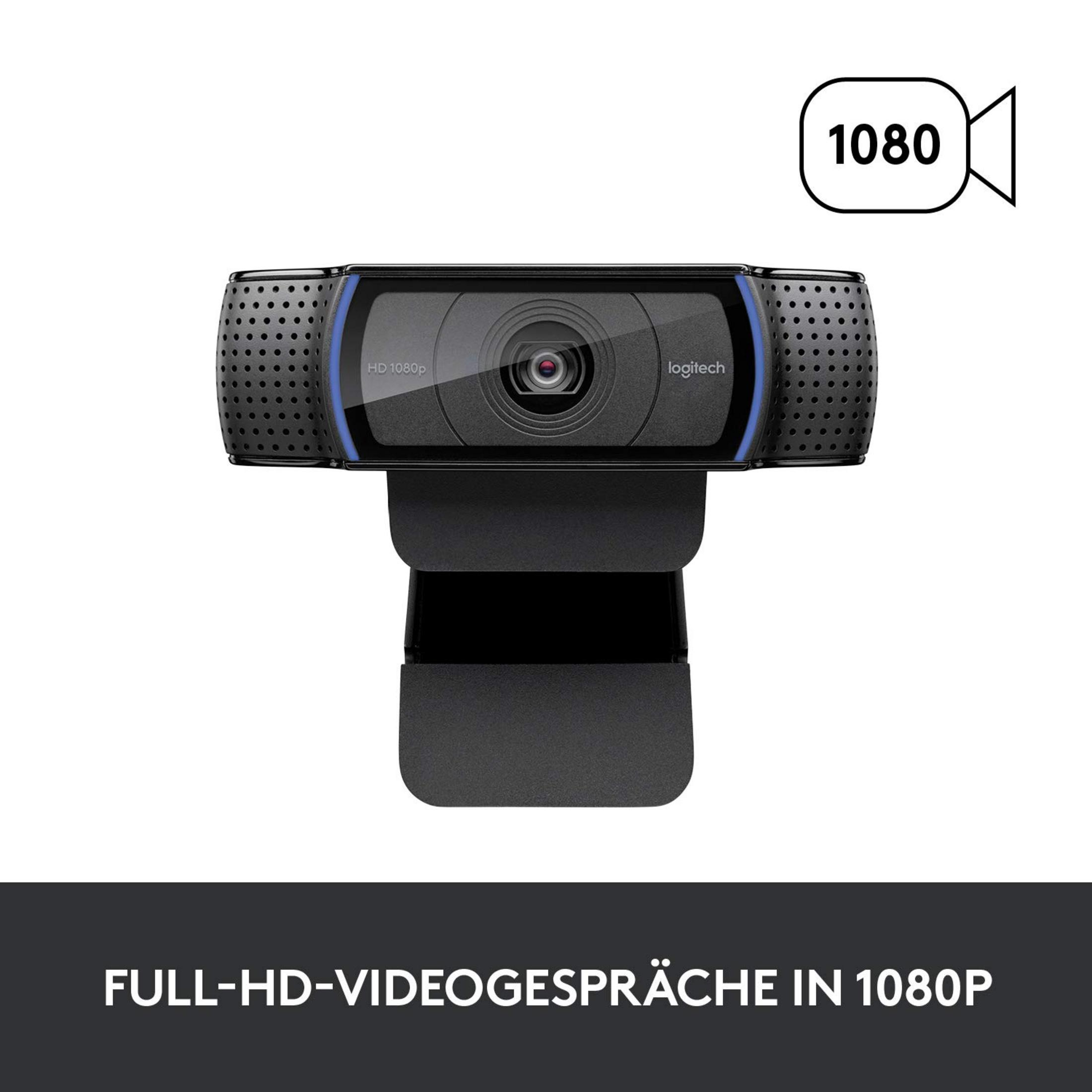 Webcam Logitech negra. HD 1080p. Fondo negro. Etiqueta HD 1080. Texto: Videollamadas Full-HD en 1080P.