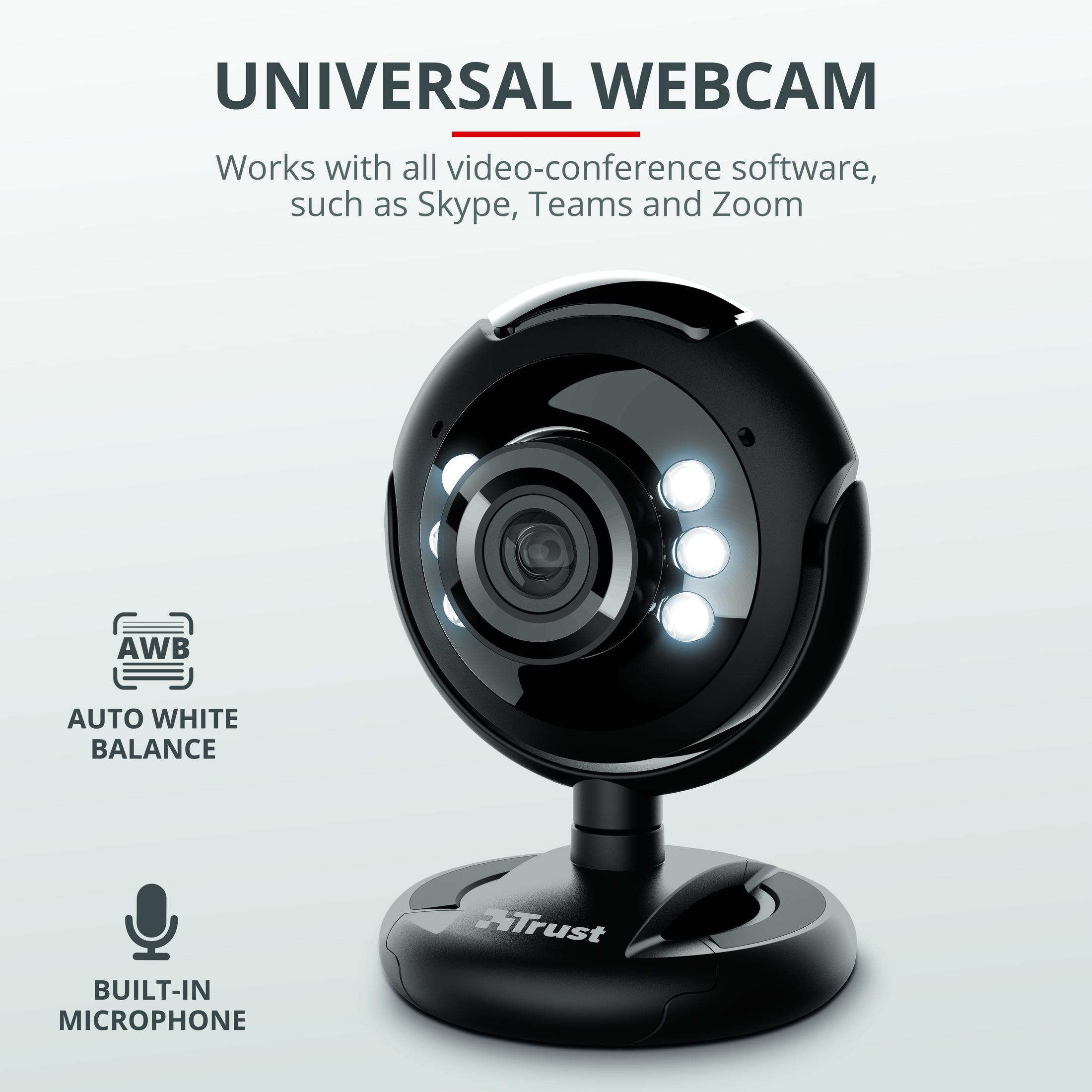 Eine schwarze Webcam mit Lichtern und eingebautem Mikrofon.