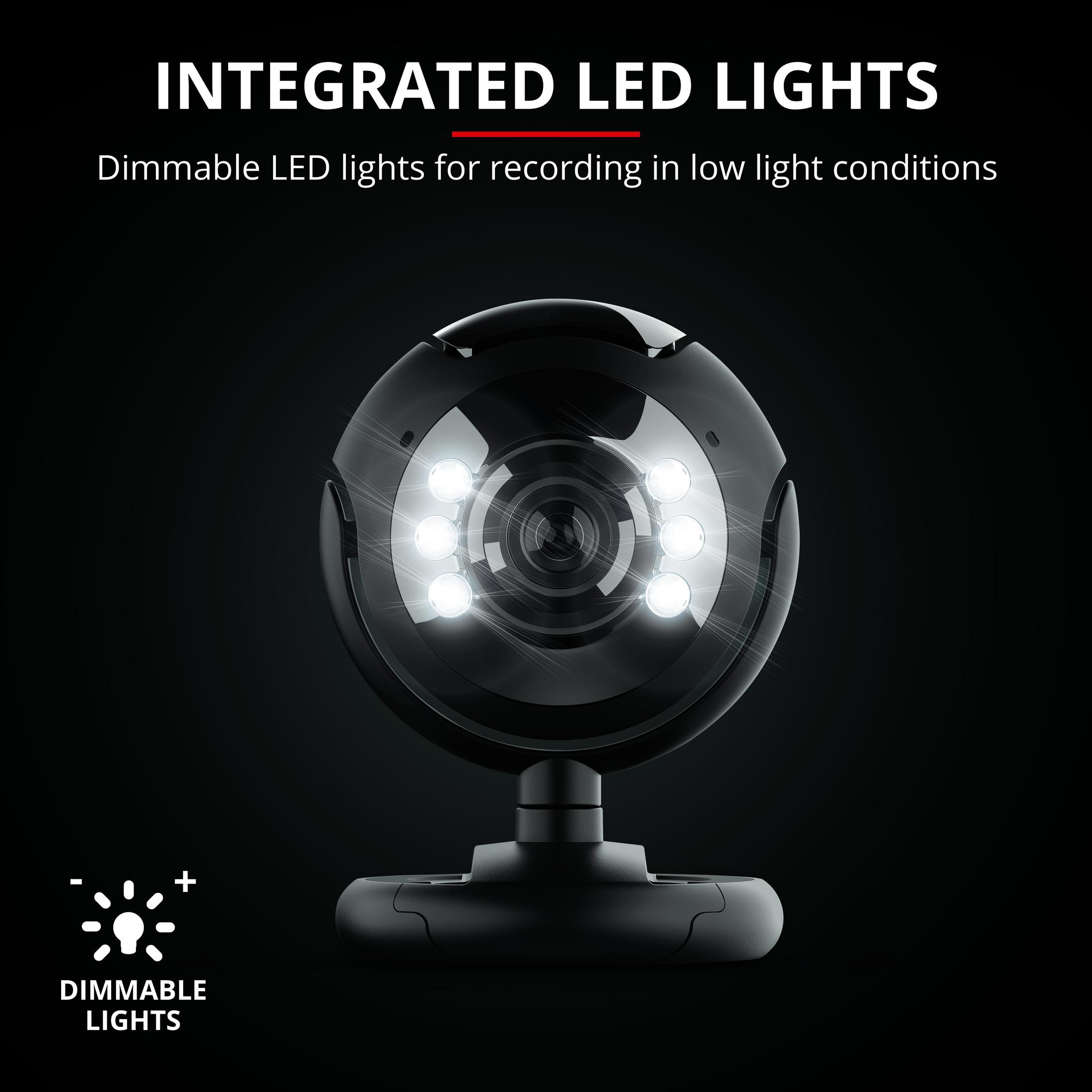 Schwarze Webcam mit sechs weißen LED-Leuchten, Text: 'INTEGRIERTE LED-LEUCHTEN' und 'DIMMBARE LICHTER'.
