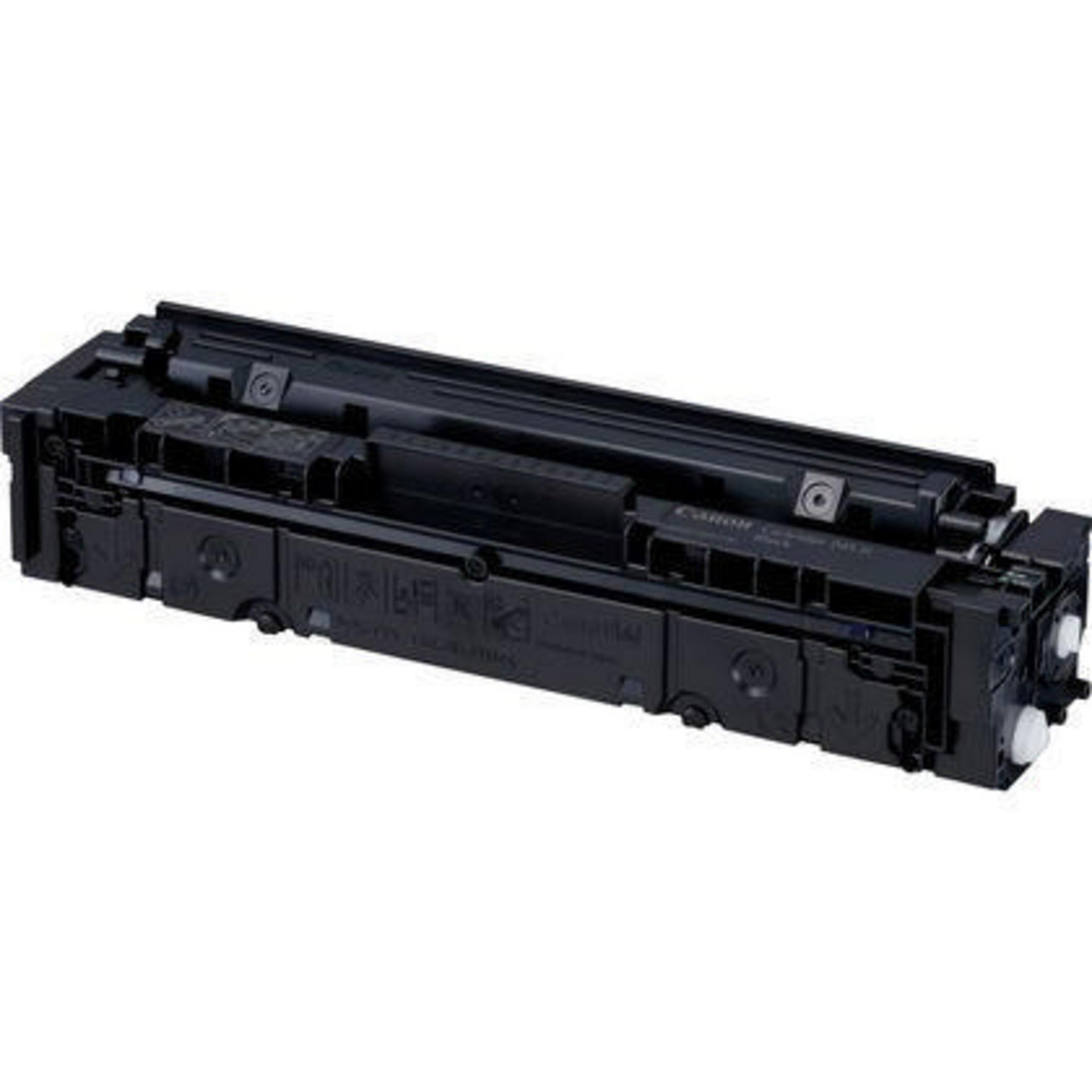 Zwarte tonercartridge. Rechthoekige vorm met meerdere compartimenten en diverse mechanische details.