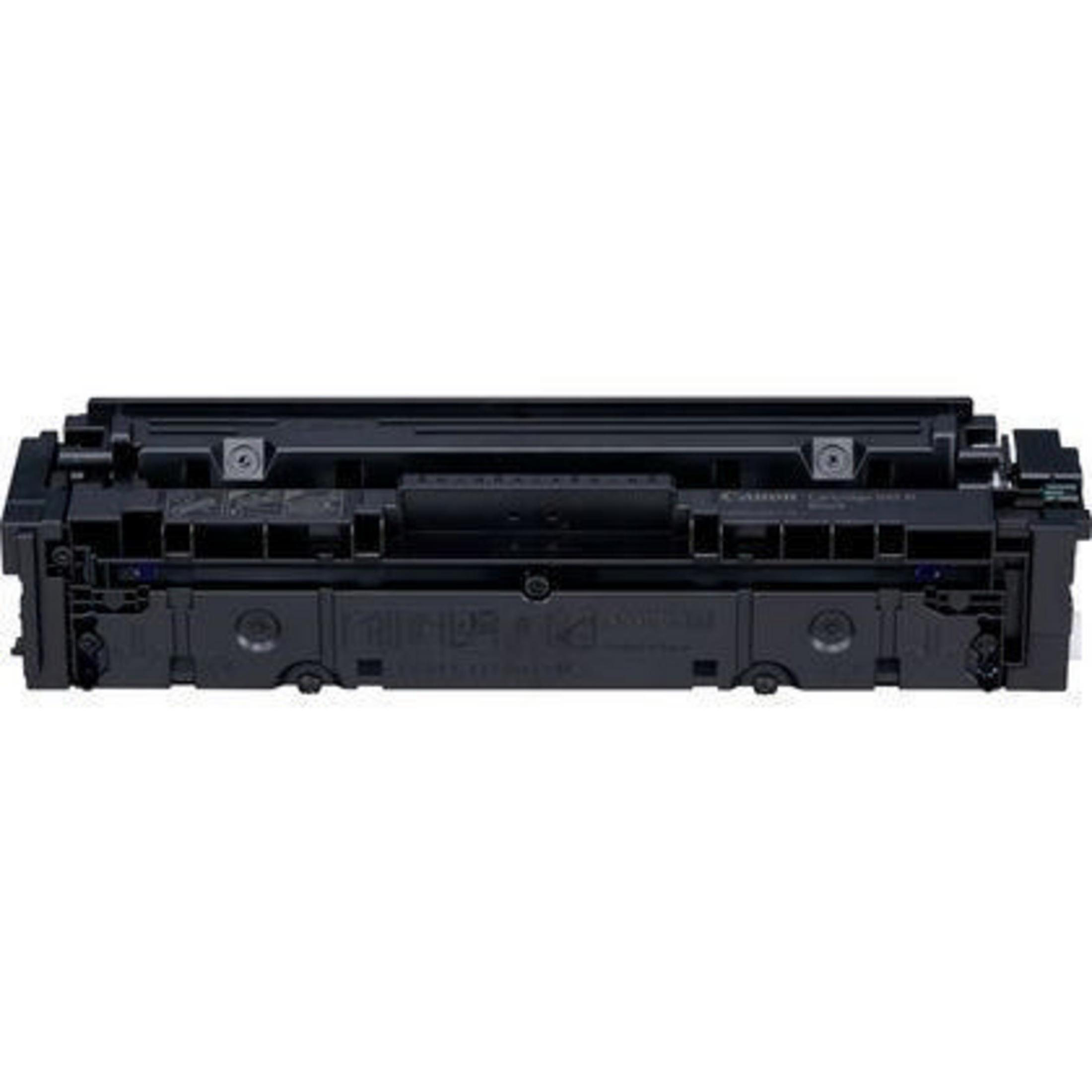 Een zwarte Canon tonercartridge wordt van bovenaf bekeken.