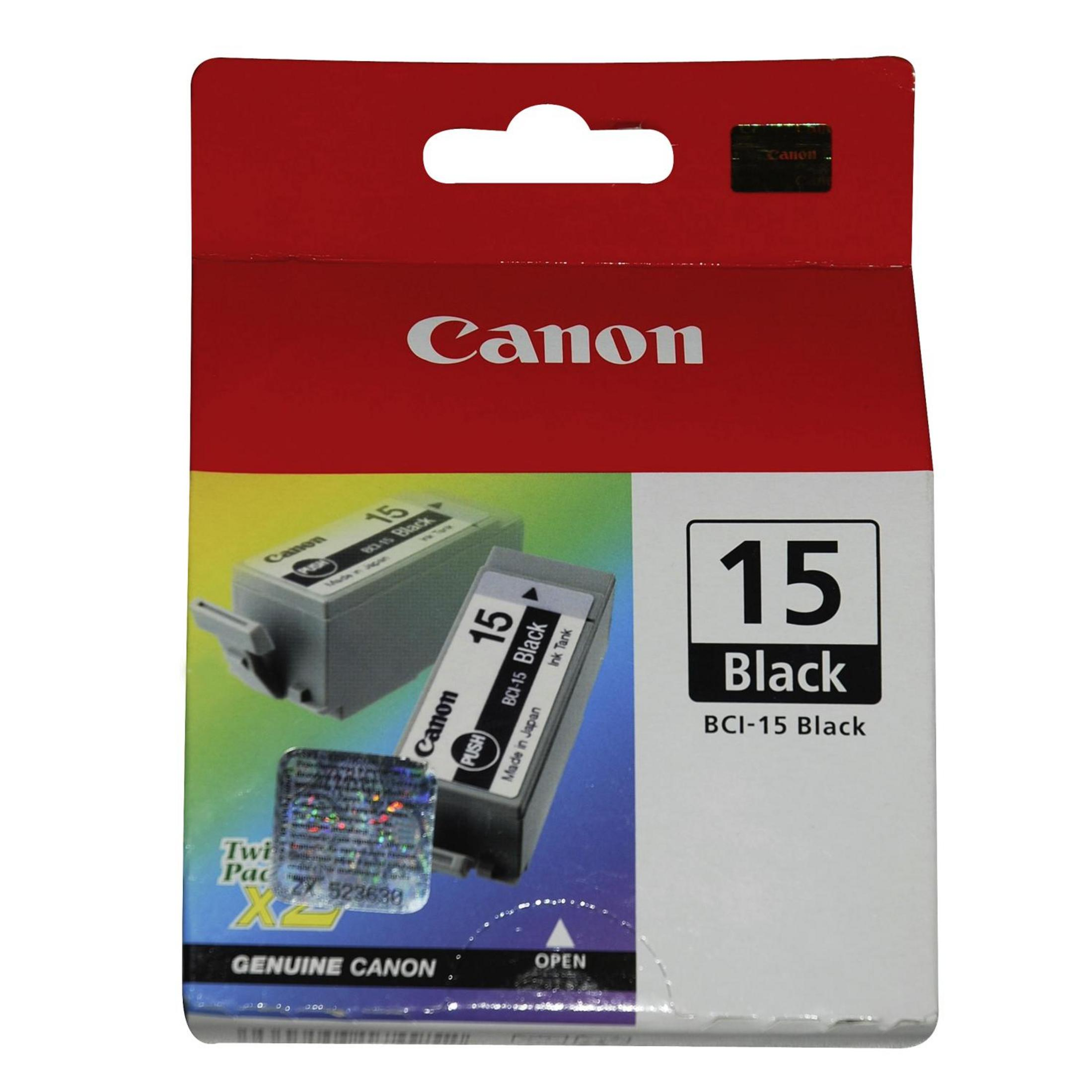 Canon inktcartridge doos, rood en wit, met twee cartridges en een zwart inktlabel.
