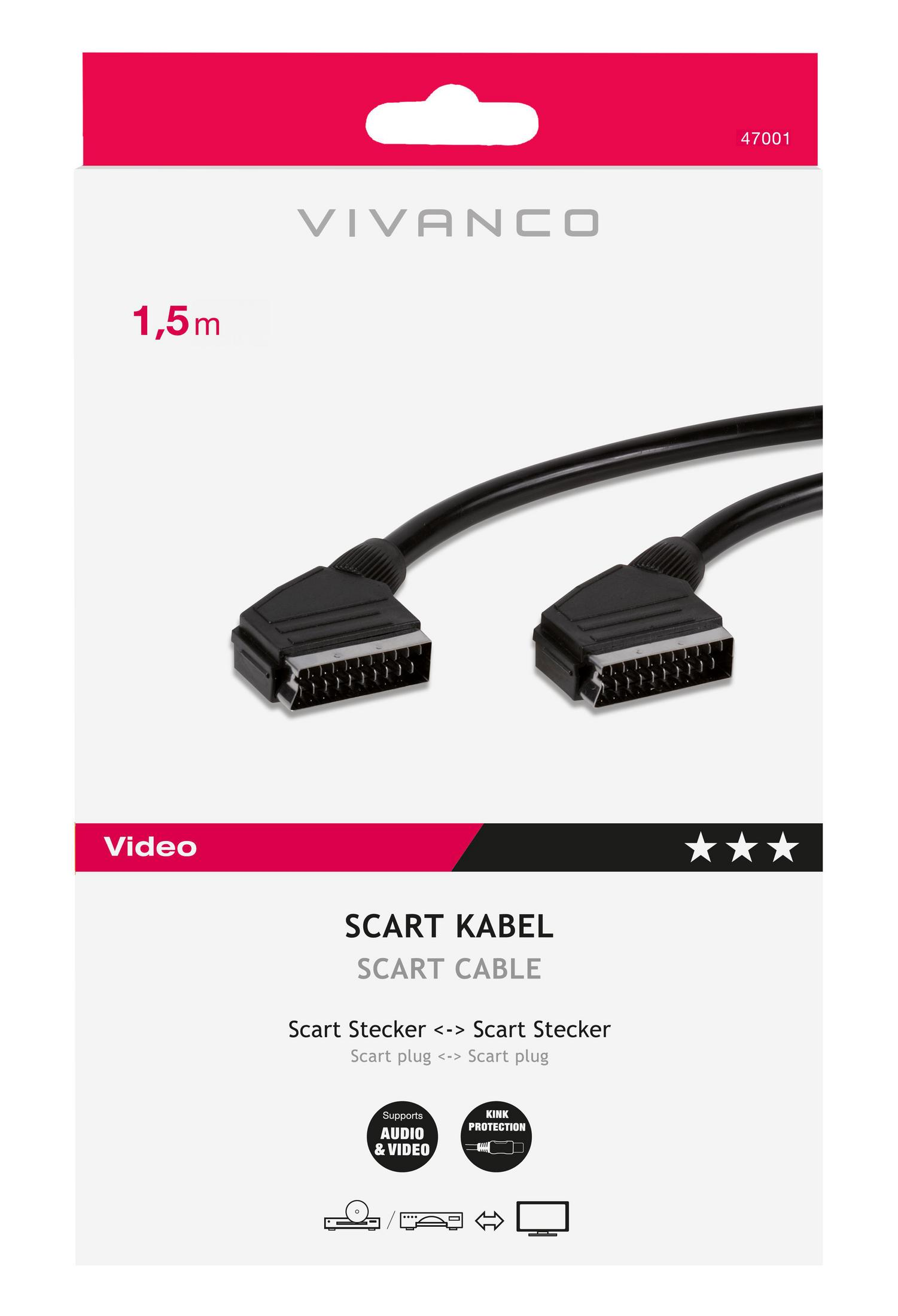 Un embalaje de cable SCART. El paquete es blanco y rojo, con la imagen del cable.
