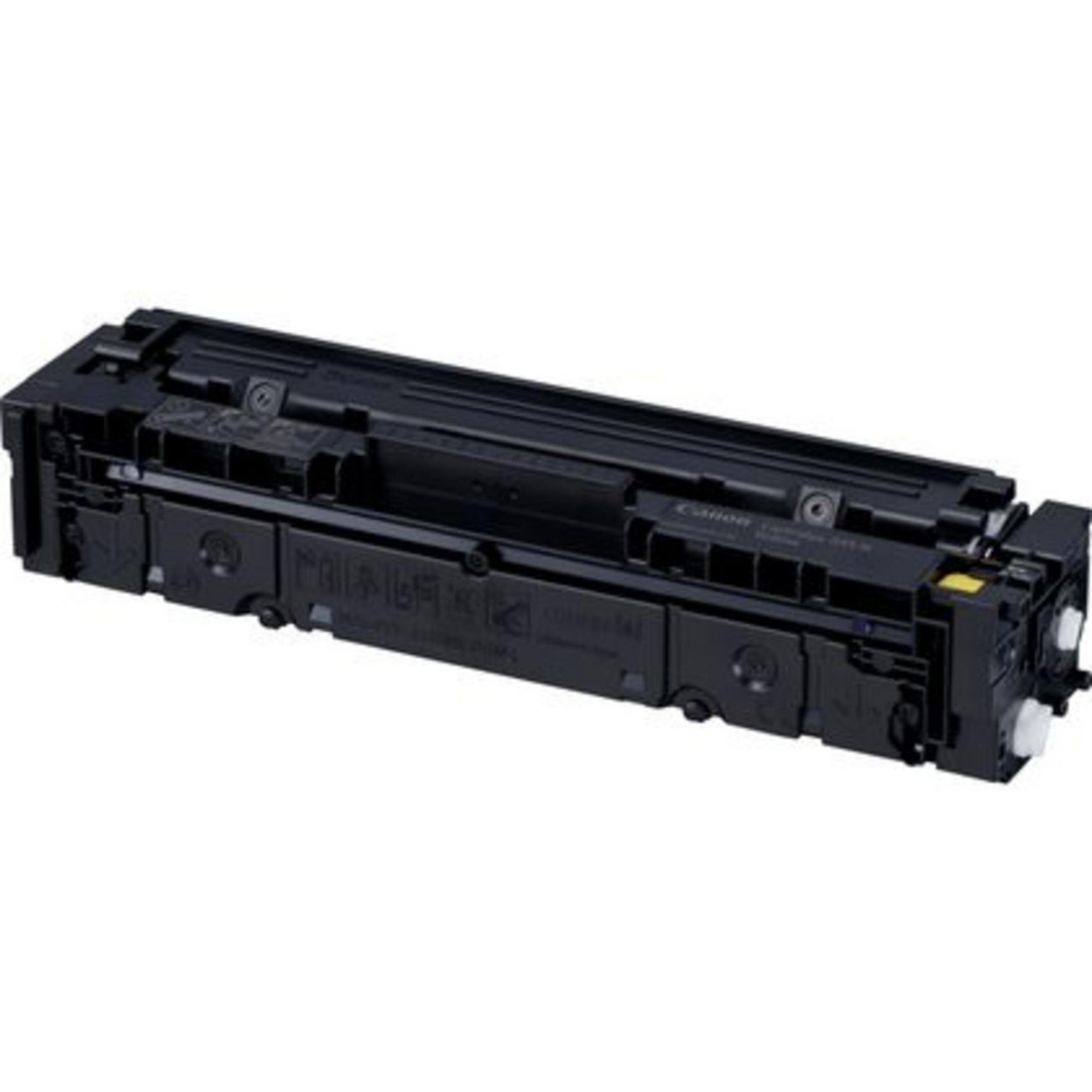 Une cartouche d'imprimante Canon noire avec du texte et quelques détails jaunes. Elle est sur fond blanc.