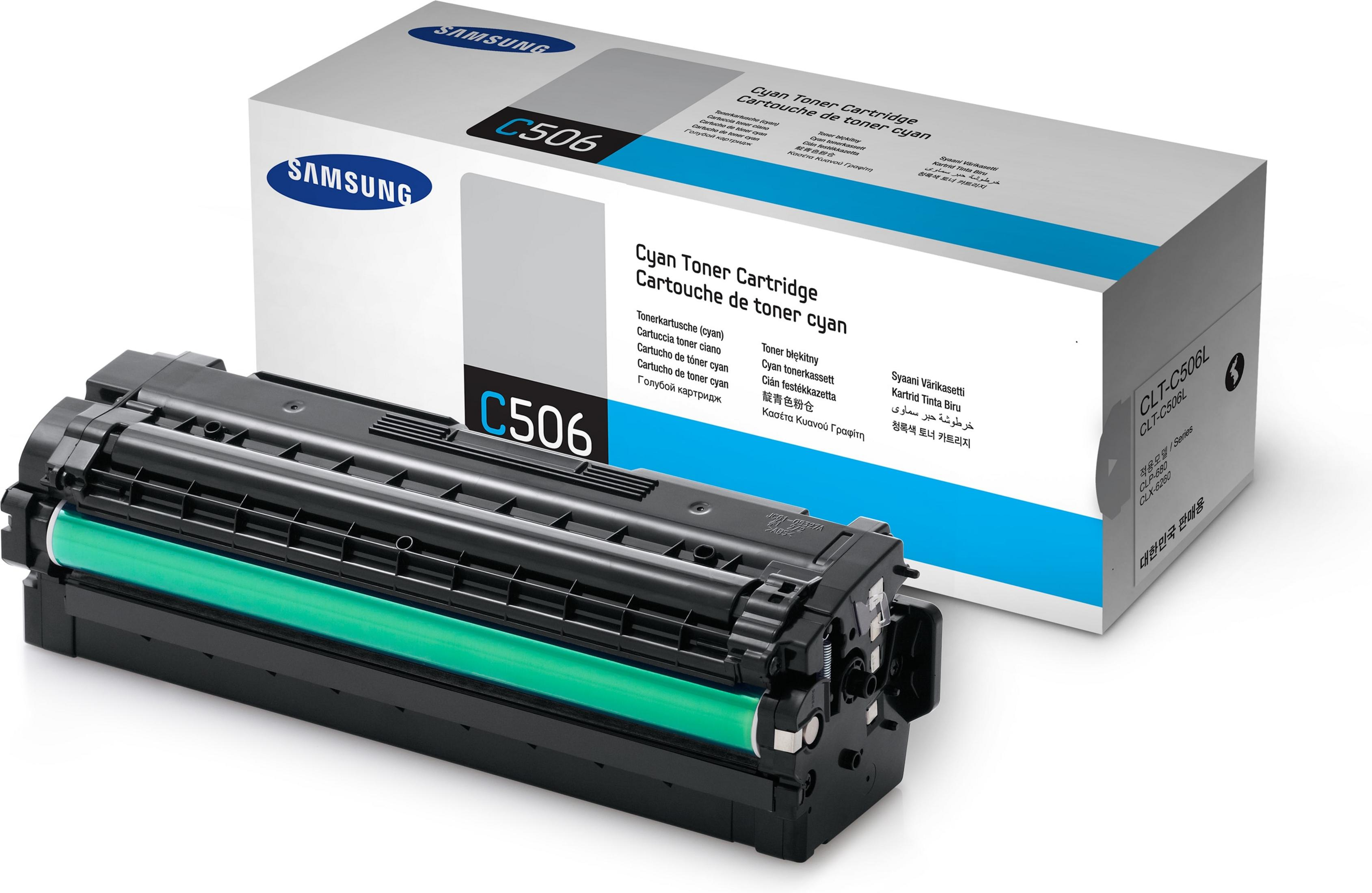 Samsung C506 Cyan-Tonerpatrone, Box und Kartusche, weißer Hintergrund.