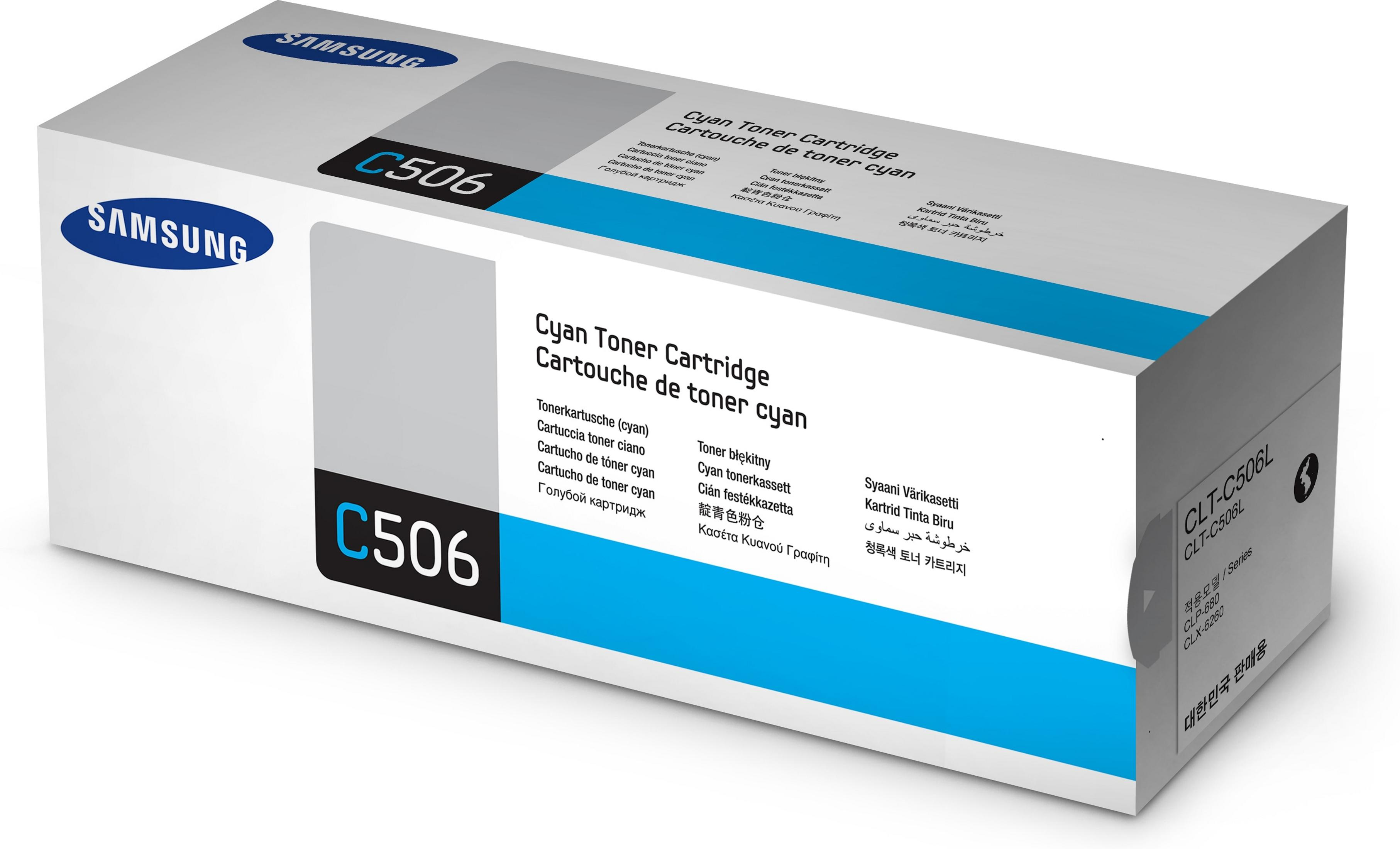 Cyan-Tonerkartuschenbox. Blaue und weiße Box mit deutlich sichtbarem 'C506', Samsung-Logo sichtbar.