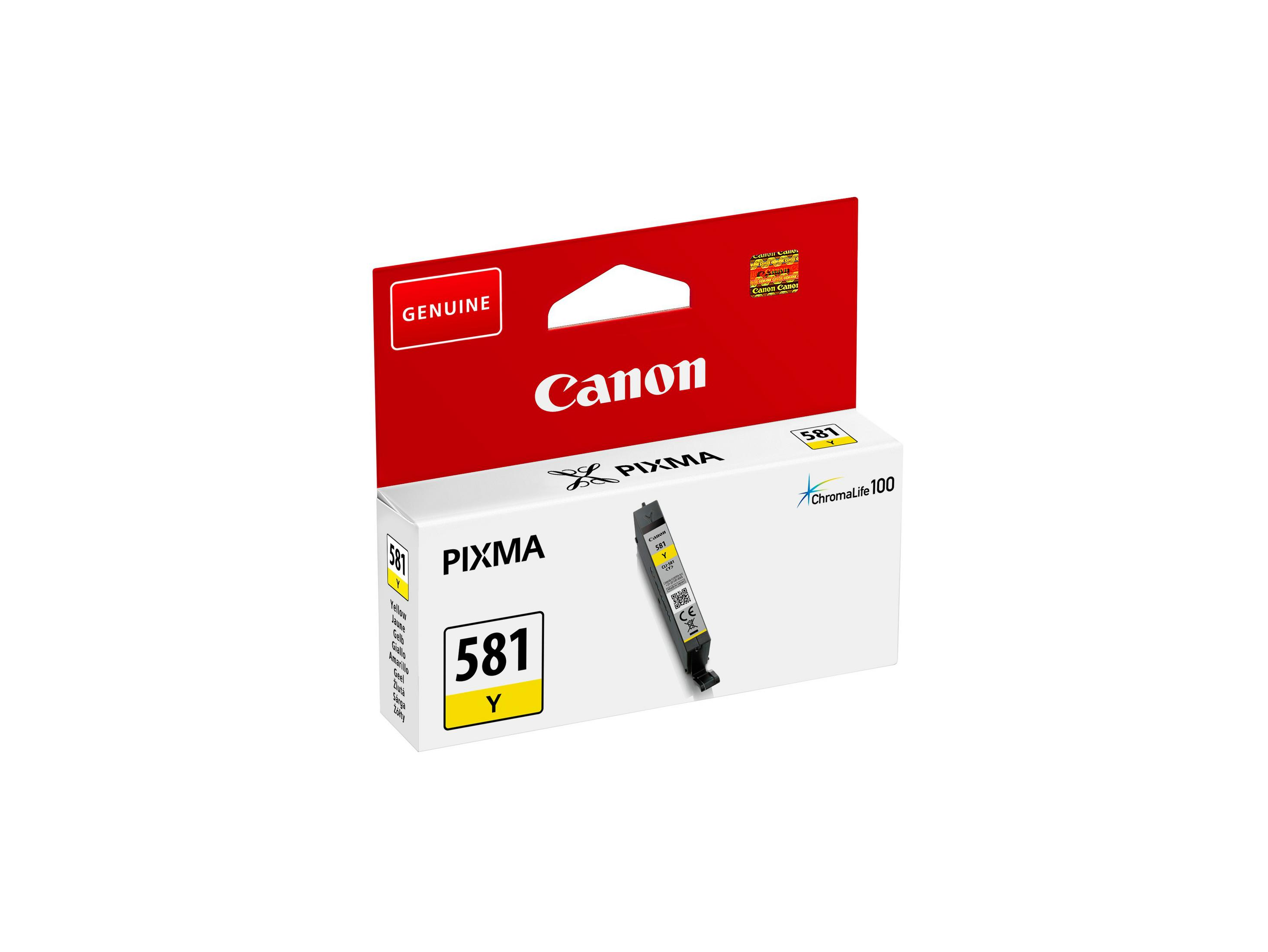 Boîte de cartouche d'encre Canon Pixma. La boîte est blanche avec une cartouche d'encre jaune visible.