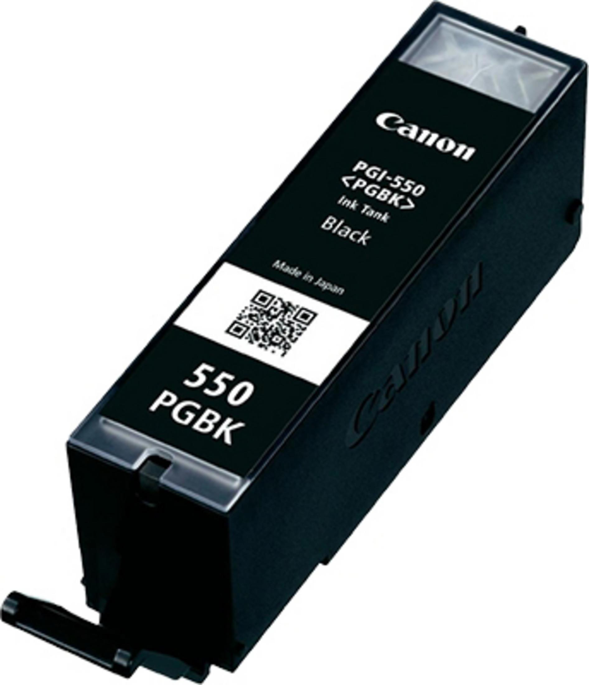 Zwarte Canon PGI-550 inktcartridge. Tekst bevat 'Ink Tank Black' en 'Made in Japan'. QR-code en Canon-logo zichtbaar.