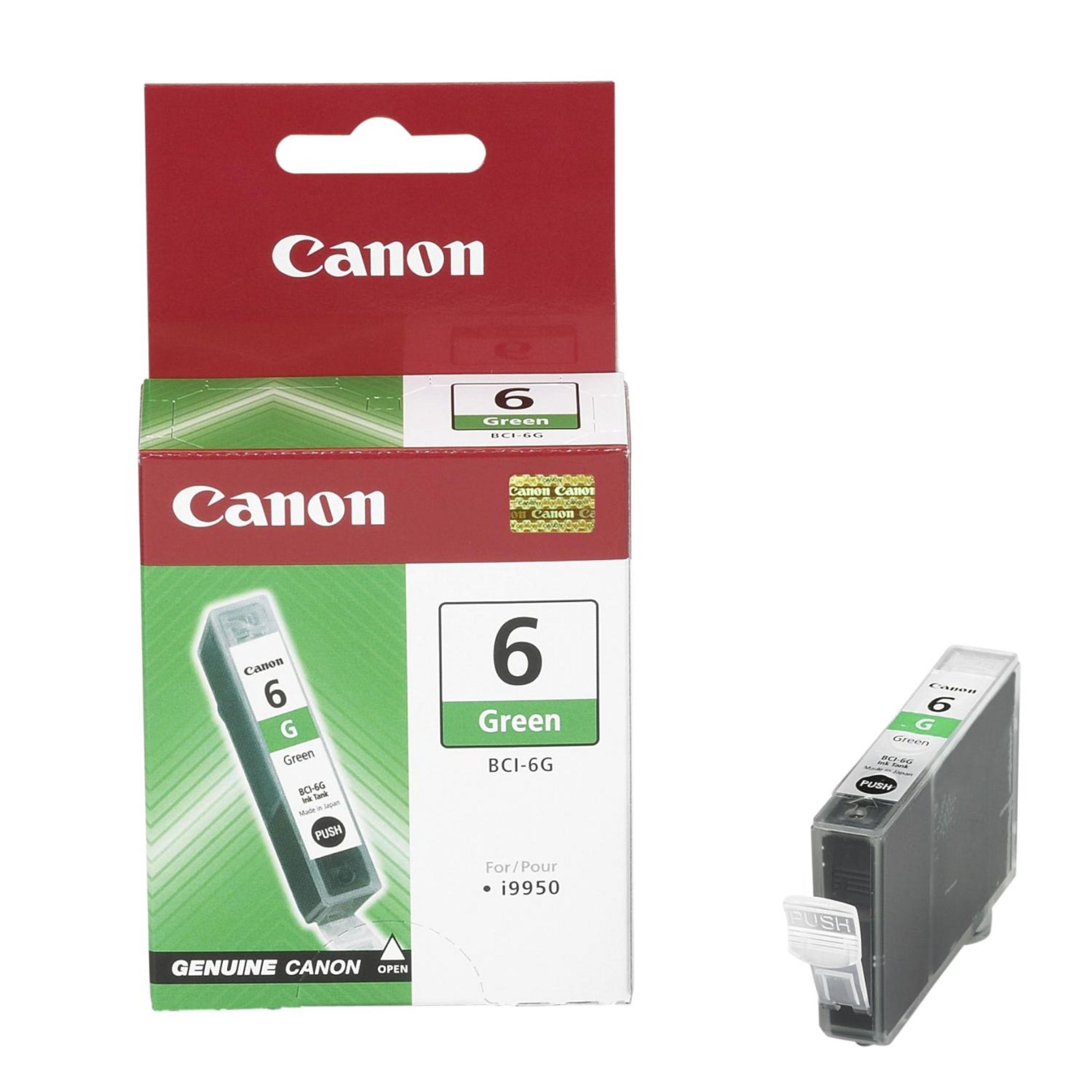 Canon inktcartridge doos en cartridge. De doos is rood, de cartridge is zwart en groen.