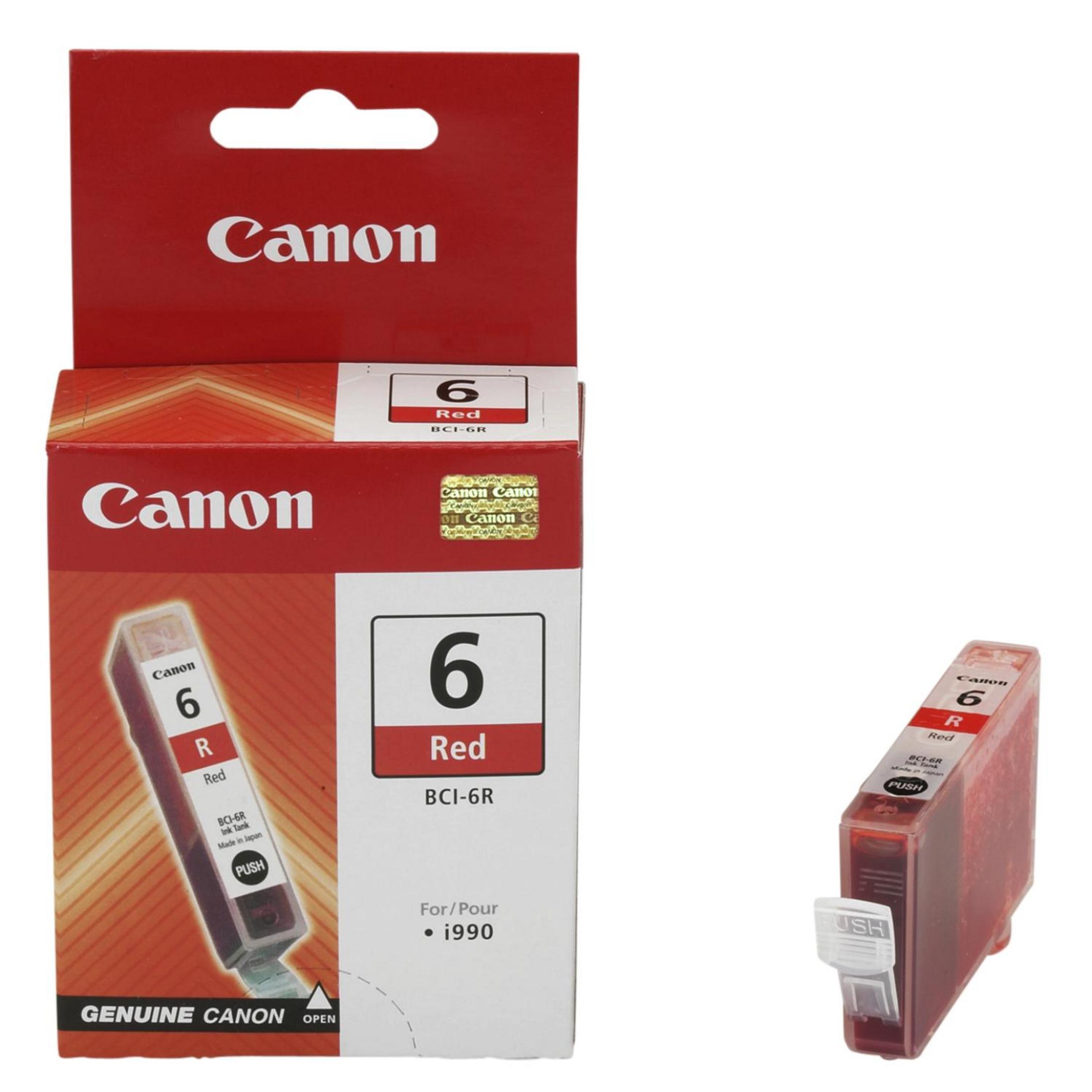 Canon inktcartridge doos en cartridge, rood en wit, met labels.