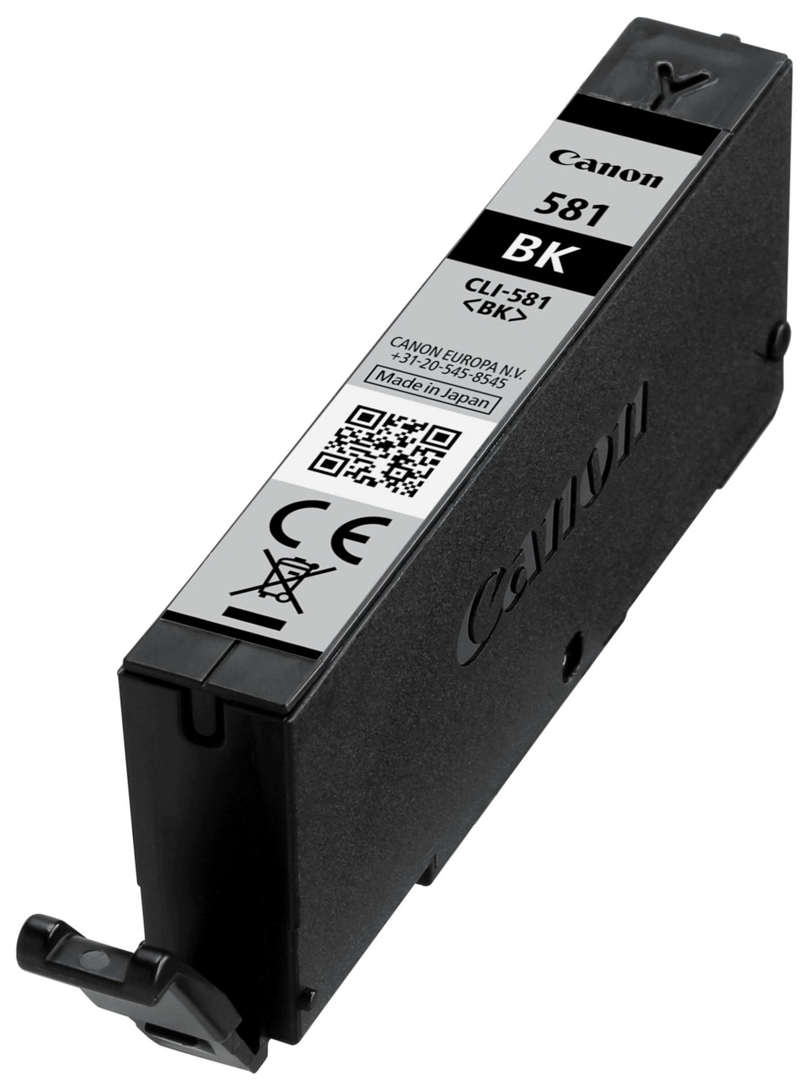 Cartouche d'encre noire Canon CLI-581 BK. Cartouche noire avec étiquette Canon et code QR.