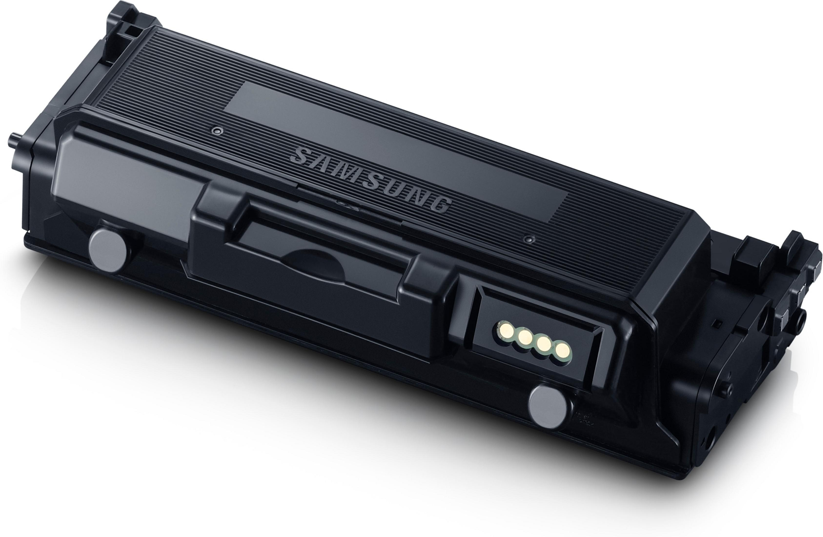 Cartuccia toner Samsung nera. La cartuccia è su uno sfondo bianco, illuminata dall'alto.
