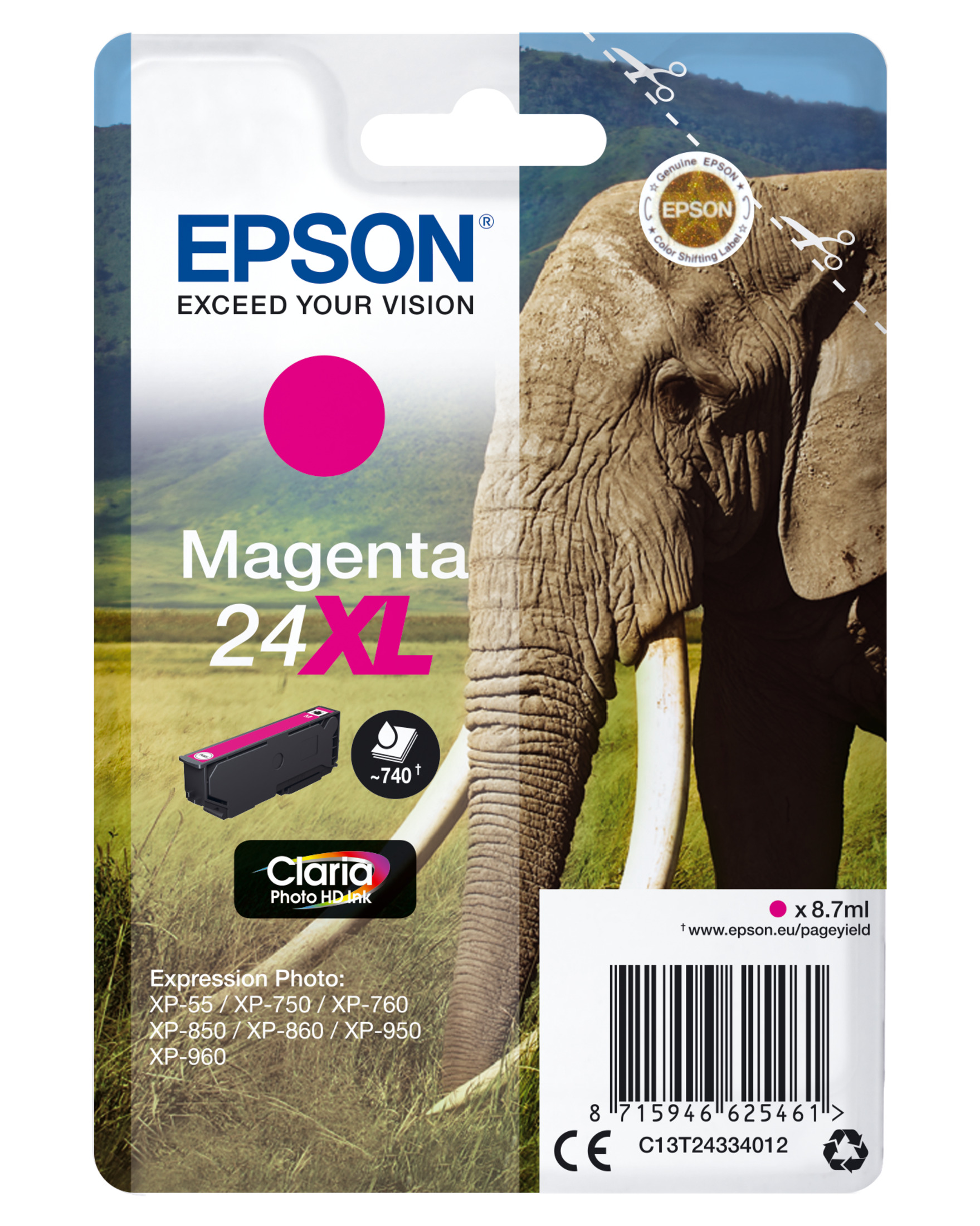 Epson magenta ink cartridge, with a pink ink cartridge and an elephant image.
