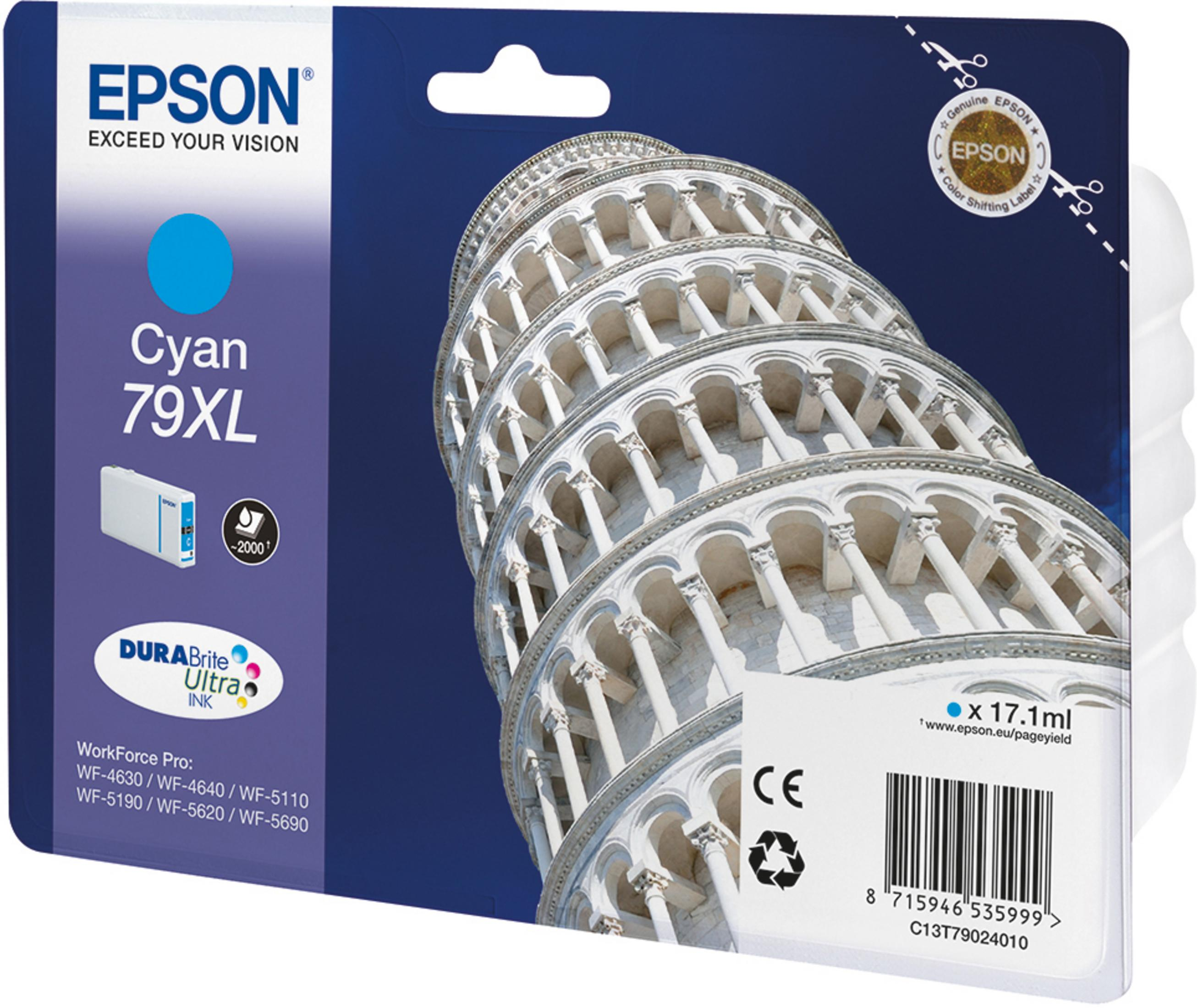 Epson Cyan 79XL Tintenpatronenverpackung mit dem Hintergrund des Schiefen Turms von Pisa. Mit "Cyan 79XL" Text.