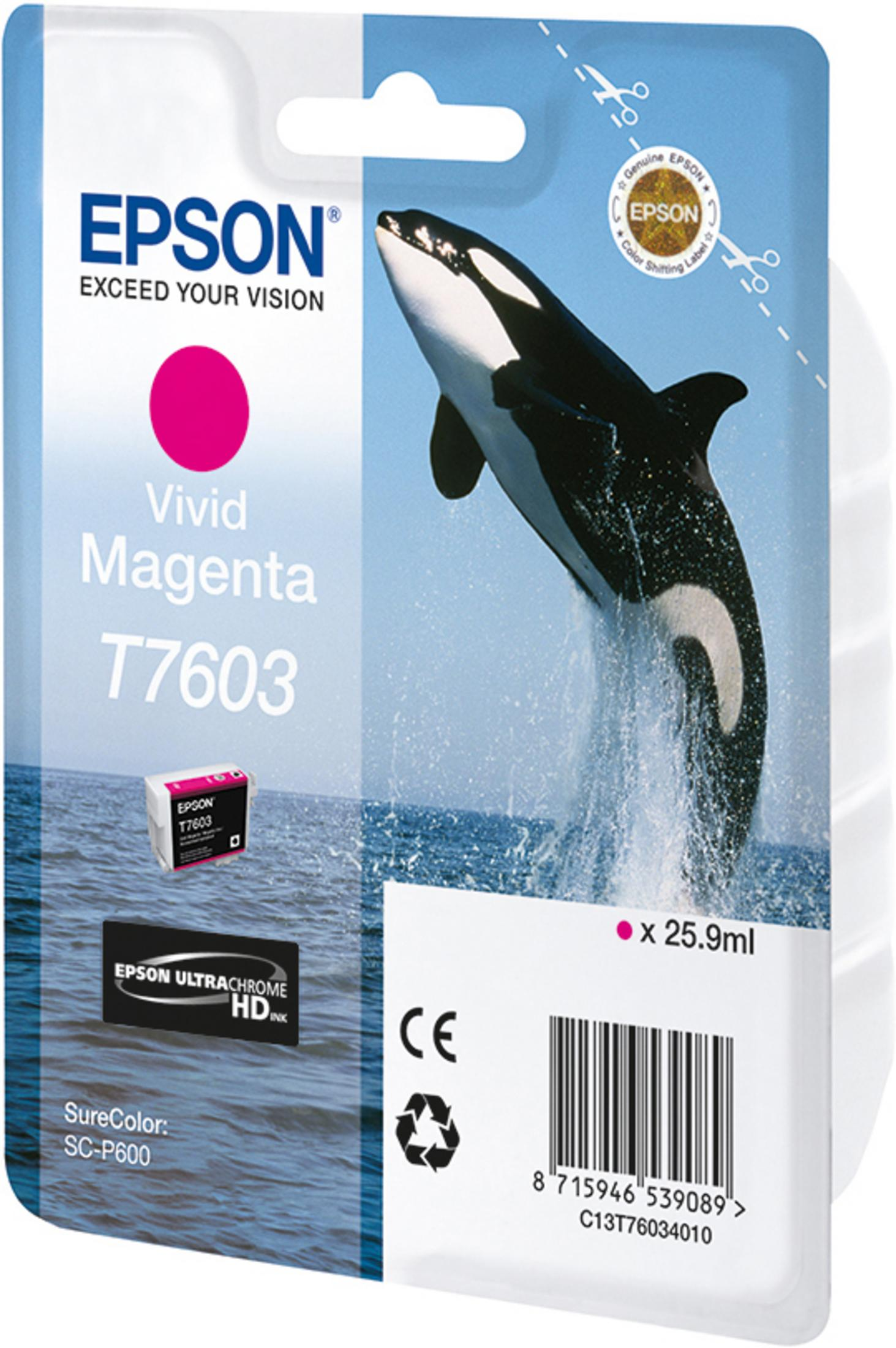 Epson Tintenpatrone mit einem Bild eines Orcas, der aus dem Wasser springt. Pinke Tinte.
