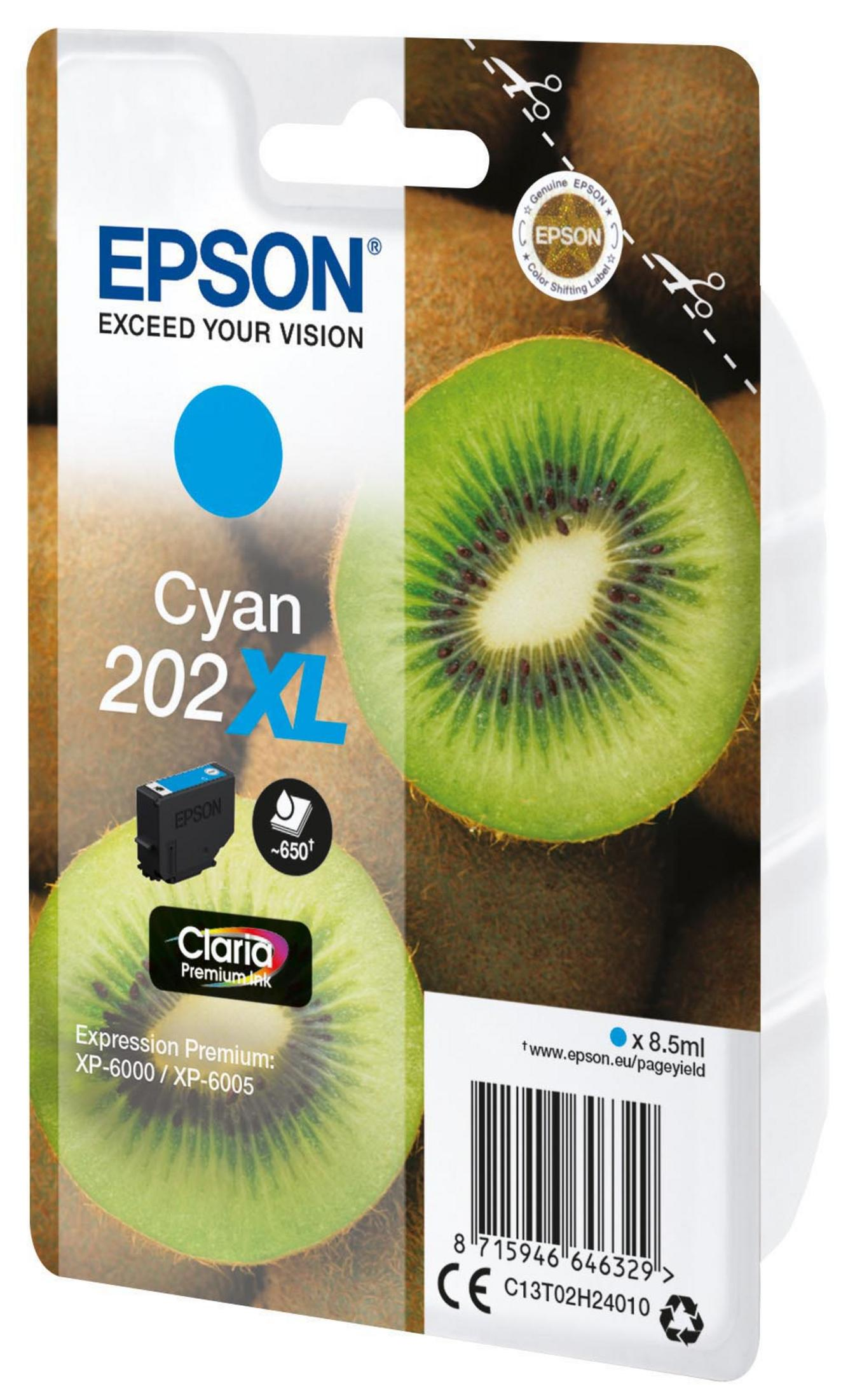 Wkład atramentowy Epson Cyan 202 XL z owocem kiwi i szczegółami opakowania.