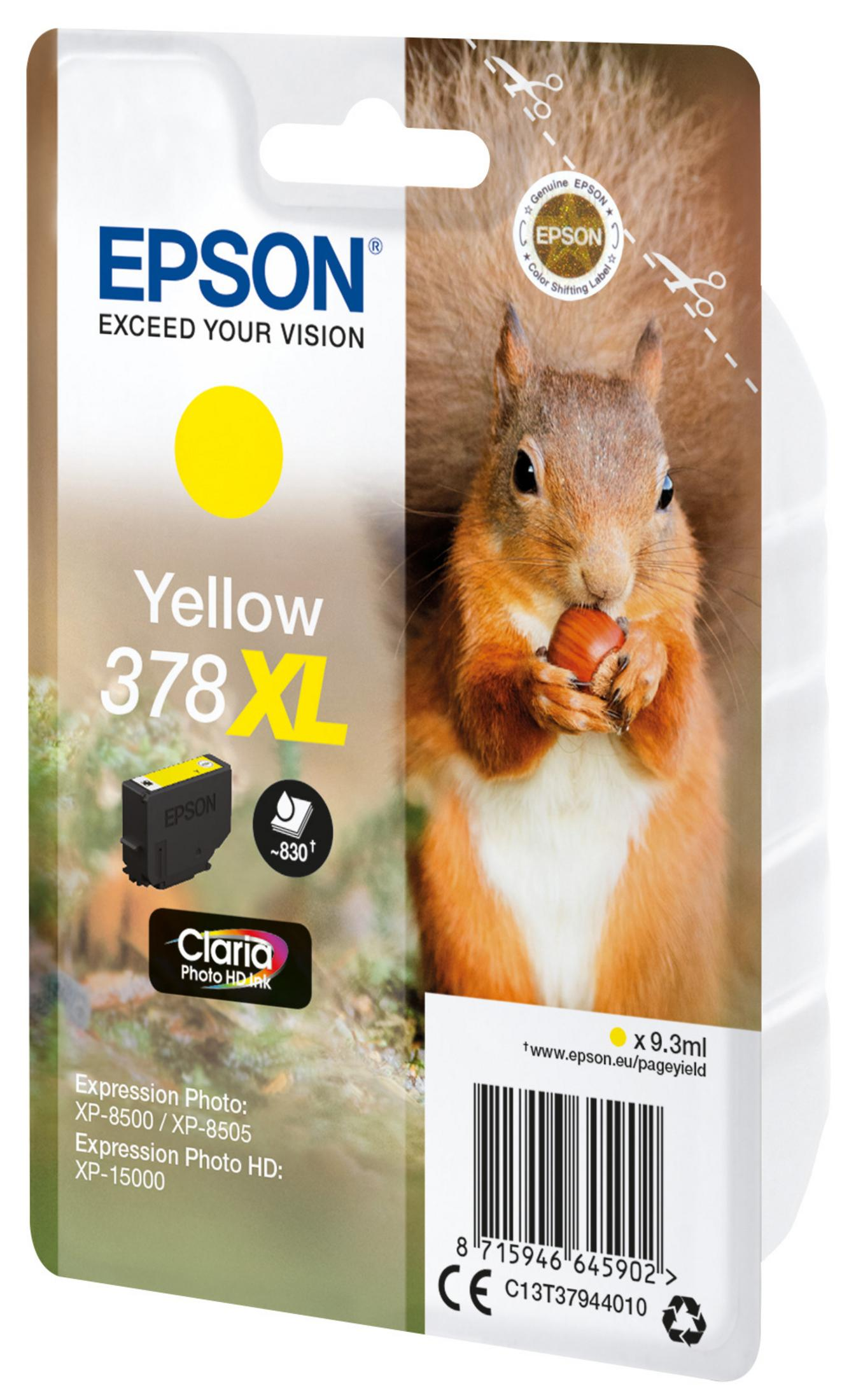 Epson gele inktcartridge. Verpakking met eekhoorn met noot en tekst: Geel 378 XL.