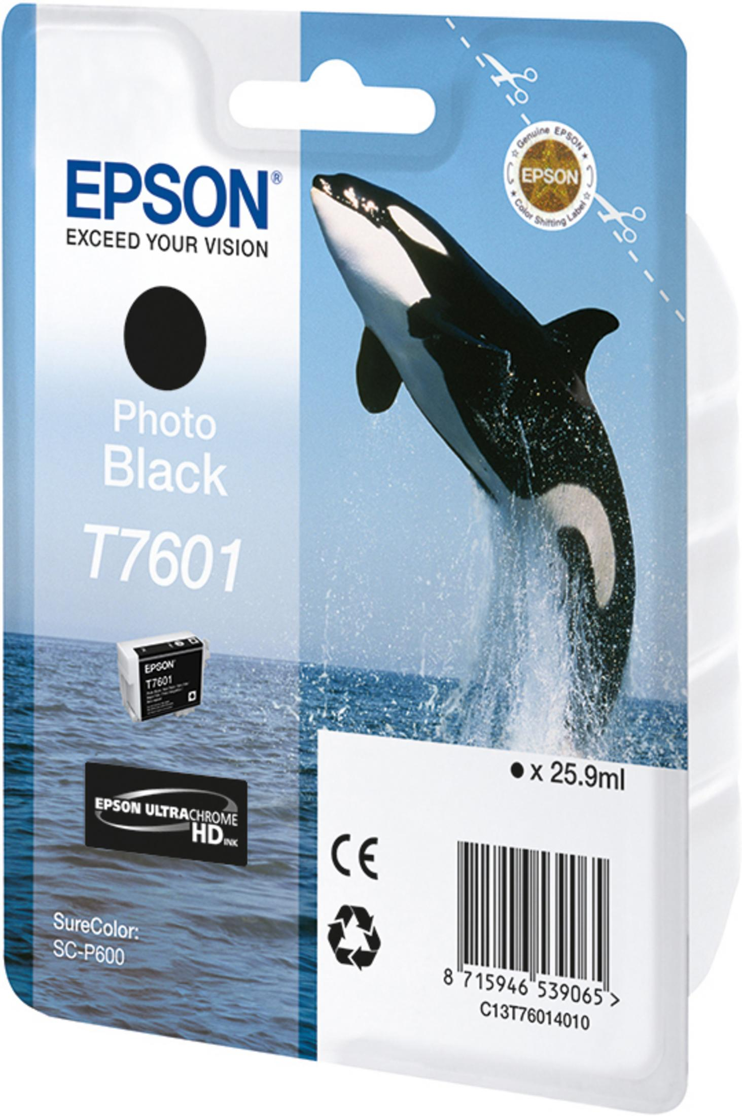 Emballage de cartouche d'encre Epson avec image d'orque. Orque noir et blanc sautant hors de l'eau, sur blanc.