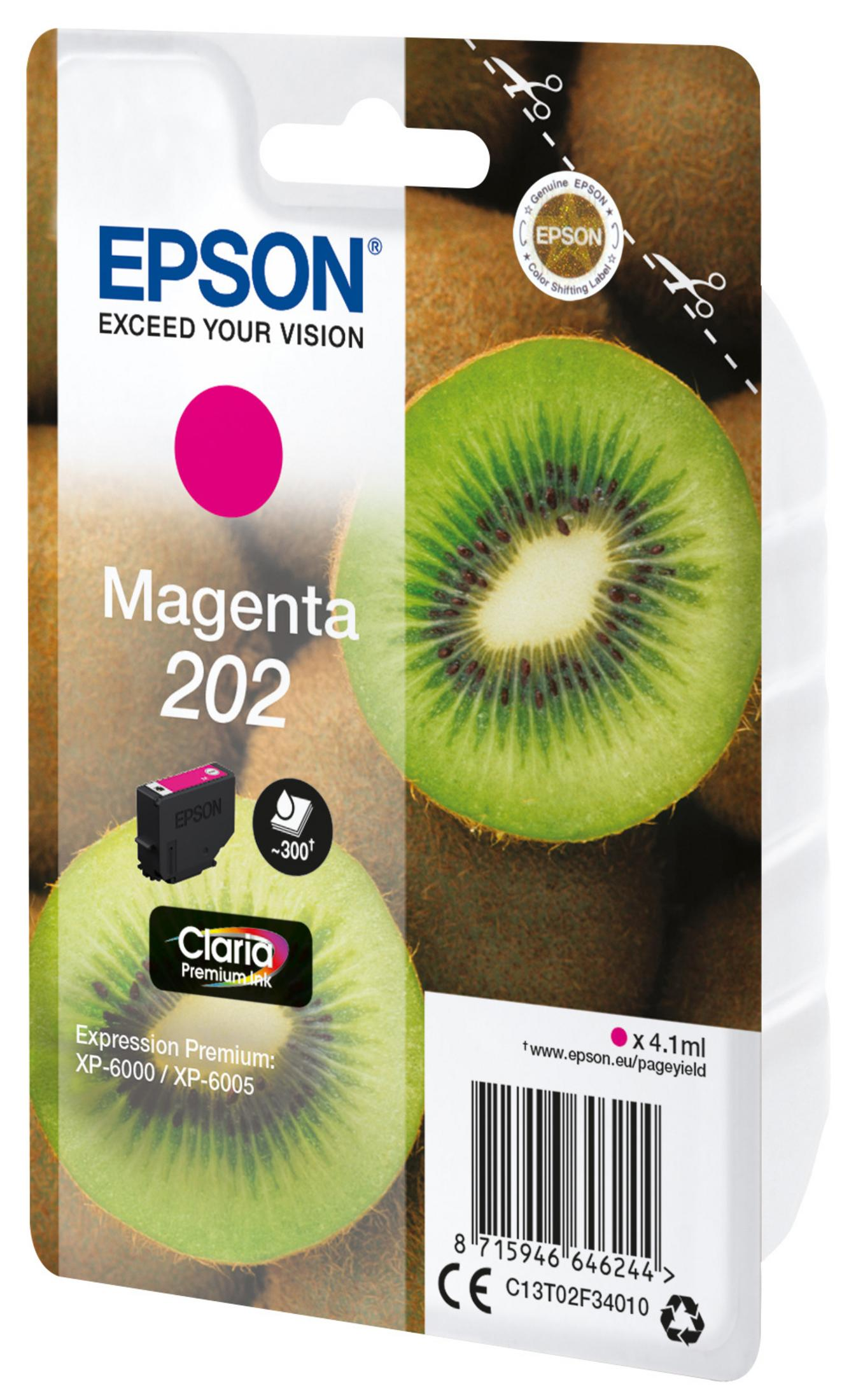 Paquet d'encre d'imprimante Epson avec une cartouche d'encre magenta et des images de kiwi.