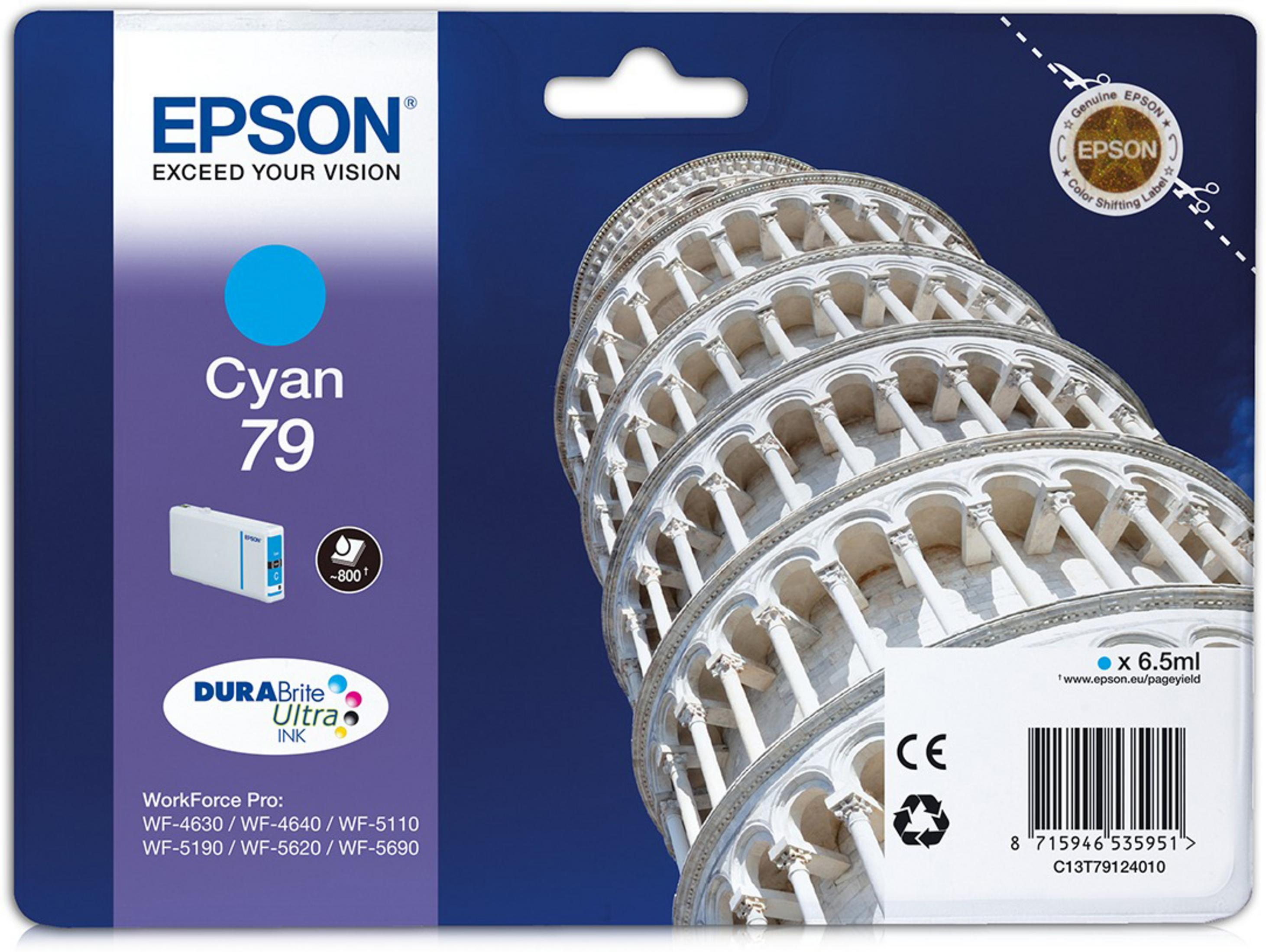 Epson Cyan-Tintenpatronenverpackung mit dem Schiefen Turm von Pisa im Hintergrund.
